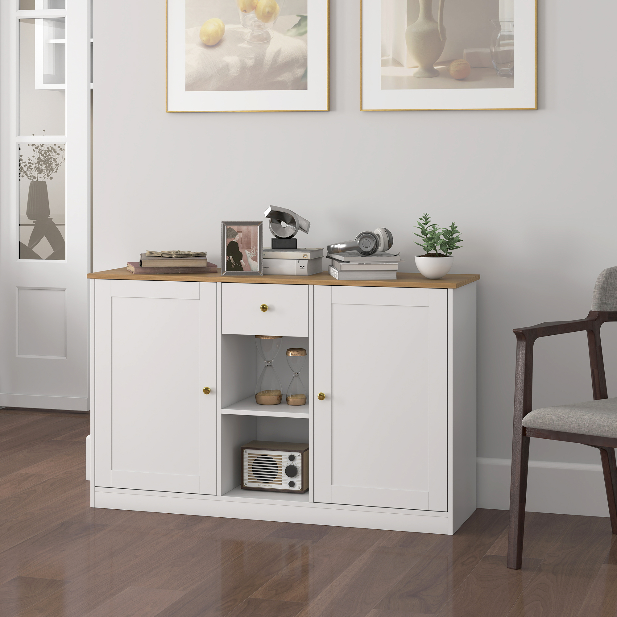 Küchenkommode, Sideboard mit Schublade, Schränken, Regalen, Spanplatte, Weiß