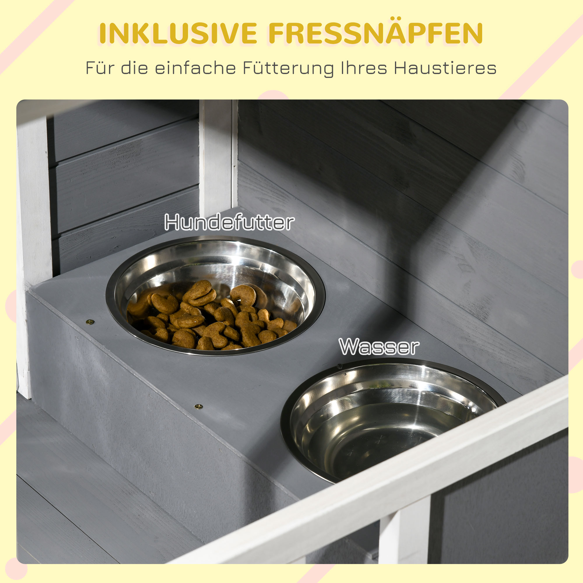 Hundehütte aus Massivholz, mit 2 Fressnäpfen, Veranda, wetterbeständig, 103 cm x 62 cm x 66 cm, Grau + Weiß