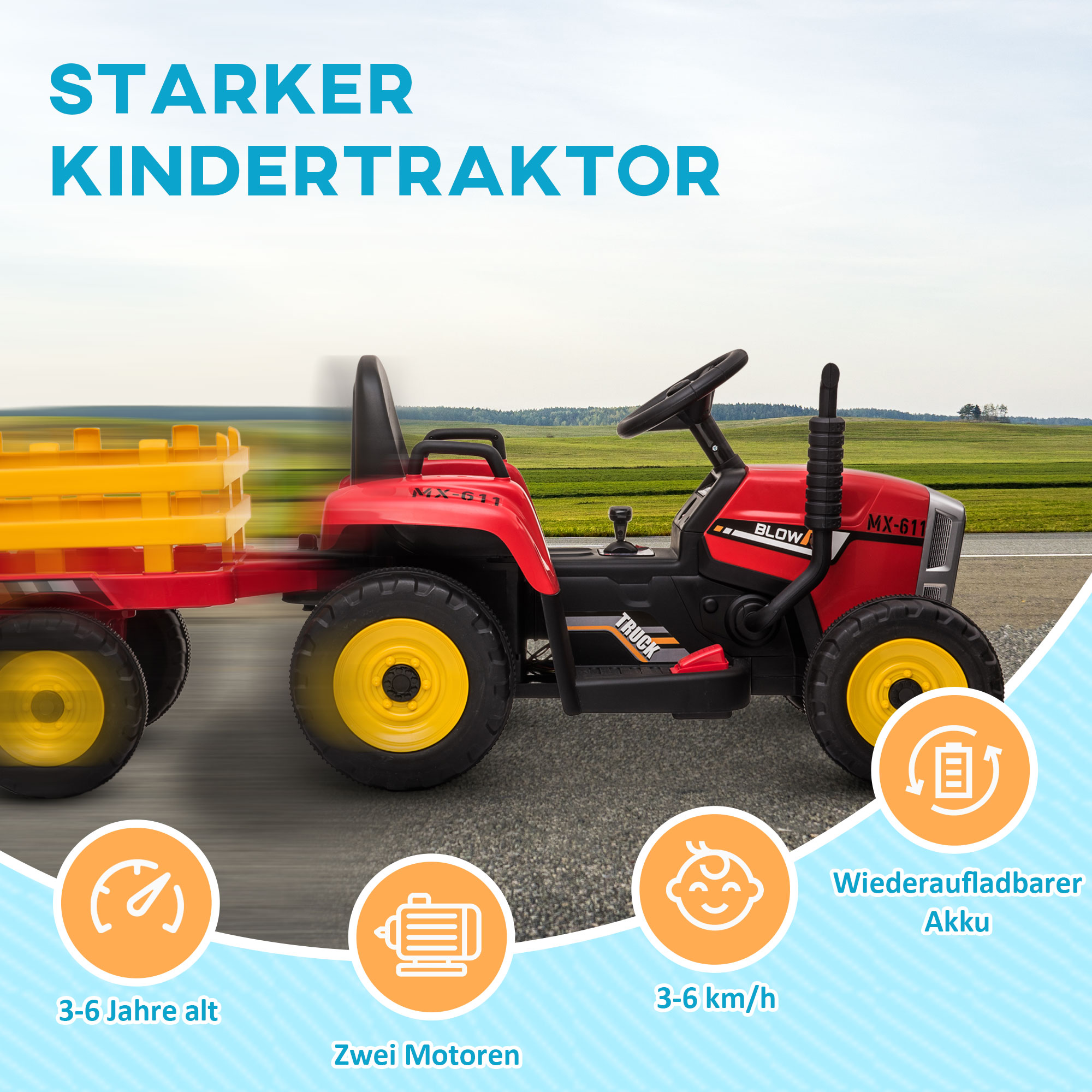 Elektrischen Kinderauto, Kinder-Traktor, inkl, Eltern-Fernbedienung, max, Geschwindigkeit von 6 km/h; Rot + Schwarz