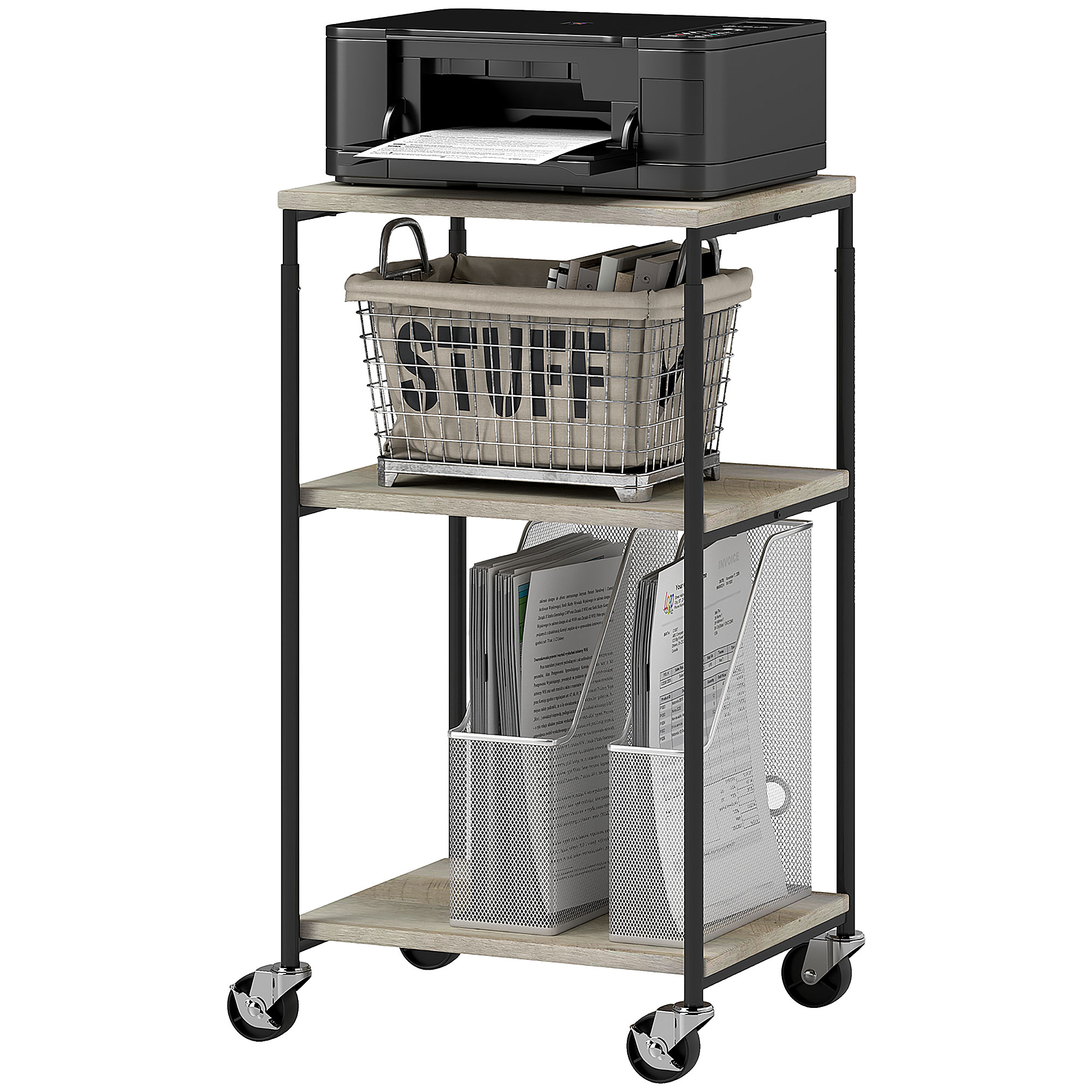 Druckerständer mit 3 Ebenen, höhenverstellbar, Mobiler Druckertisch auf Rollen, für Homeoffice, Metall und Holz Druckerständer mit 3 Ebenen, höhenverstellbar, Mobiler Druckertisch auf Rollen, für Homeoffice, Metall und Holz