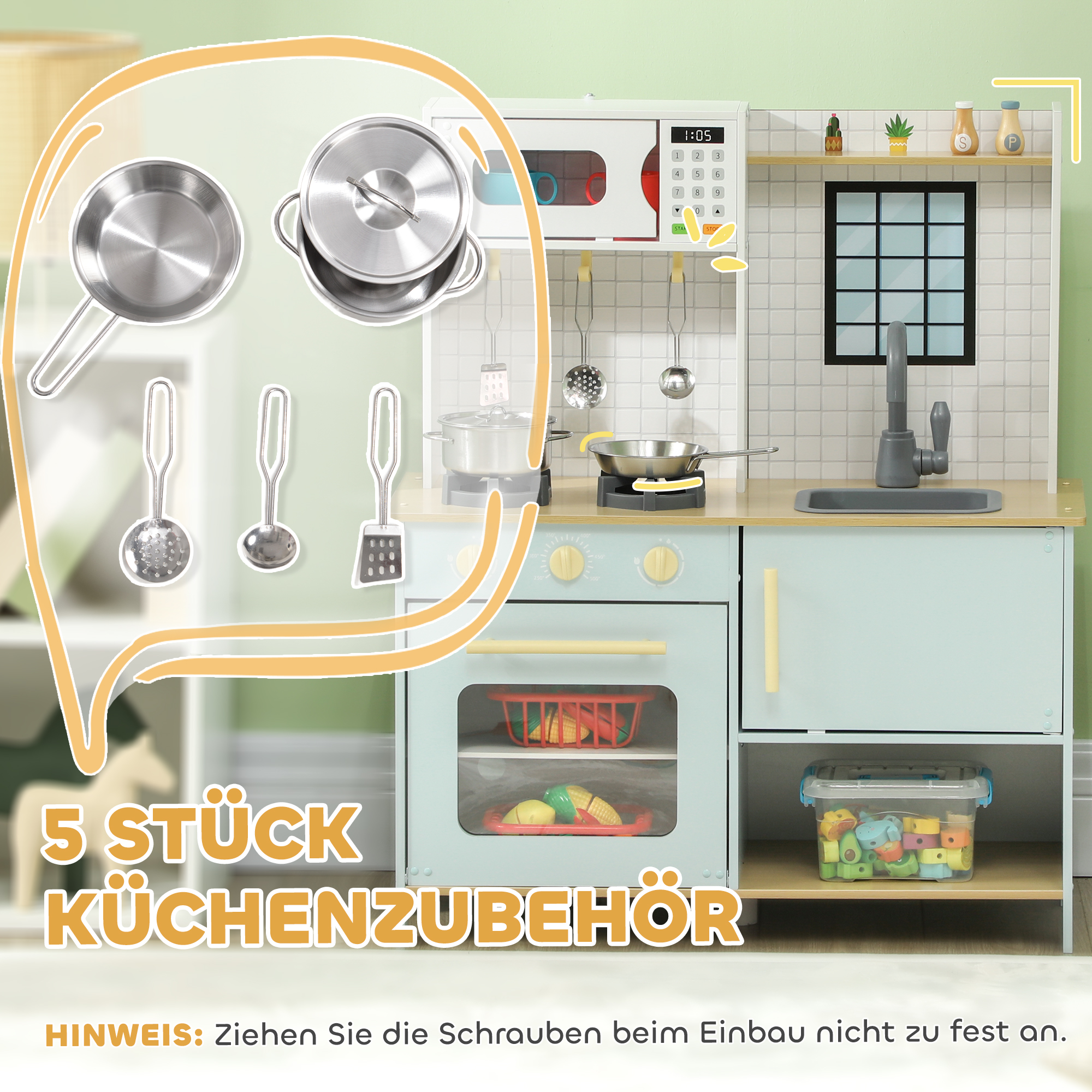 Spielküchen-Set, Kinderküche zum Spielen mit Mikrowelle, Herd und Backofen, Kochutensilien, MDF, Edelstahl, Blau