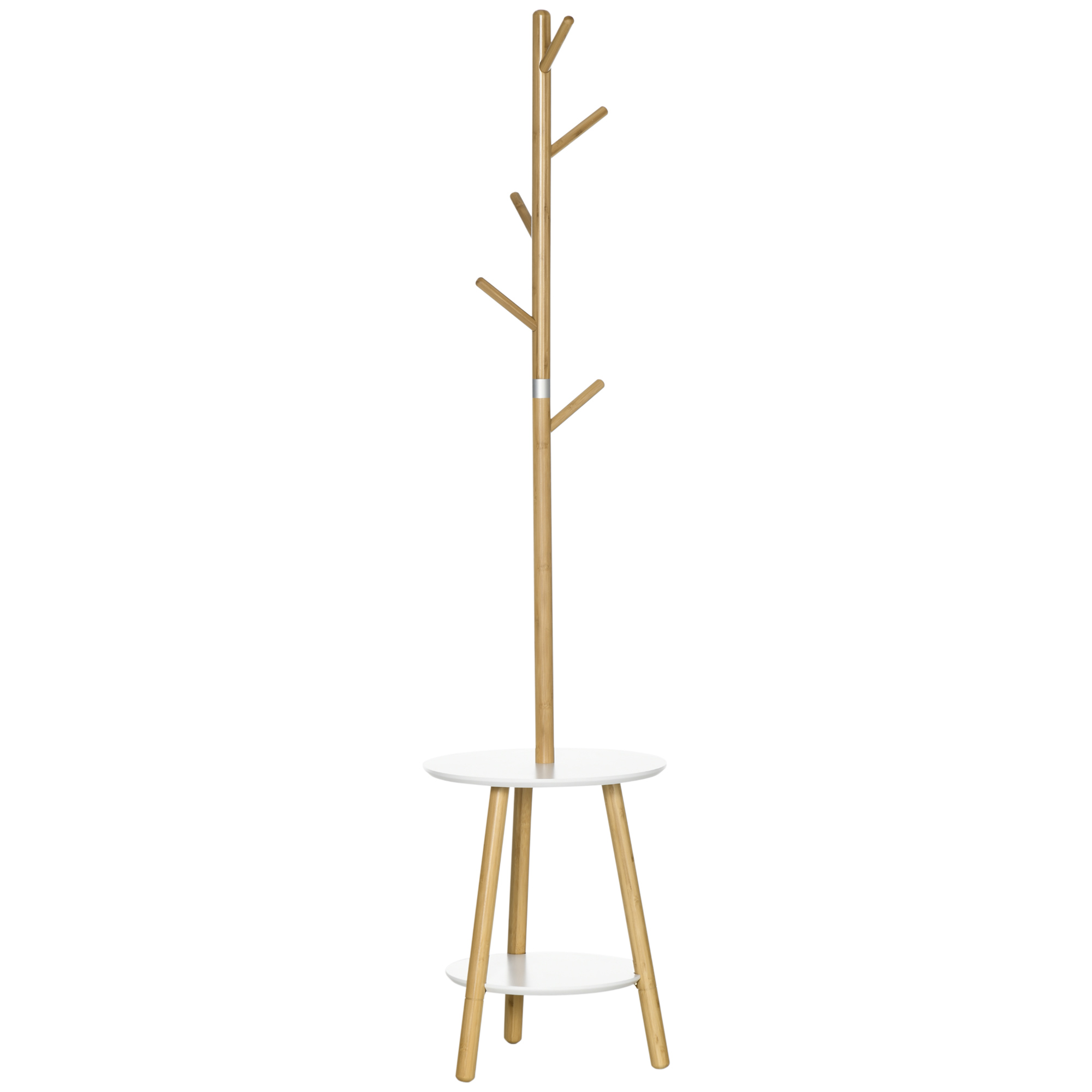 Garderobenständer mit Beistelltisch im Skandi-Design, 5 Kleiderhaken, 39, 5 cm x 39,5 cm x 171 cm, Natur + Weiß