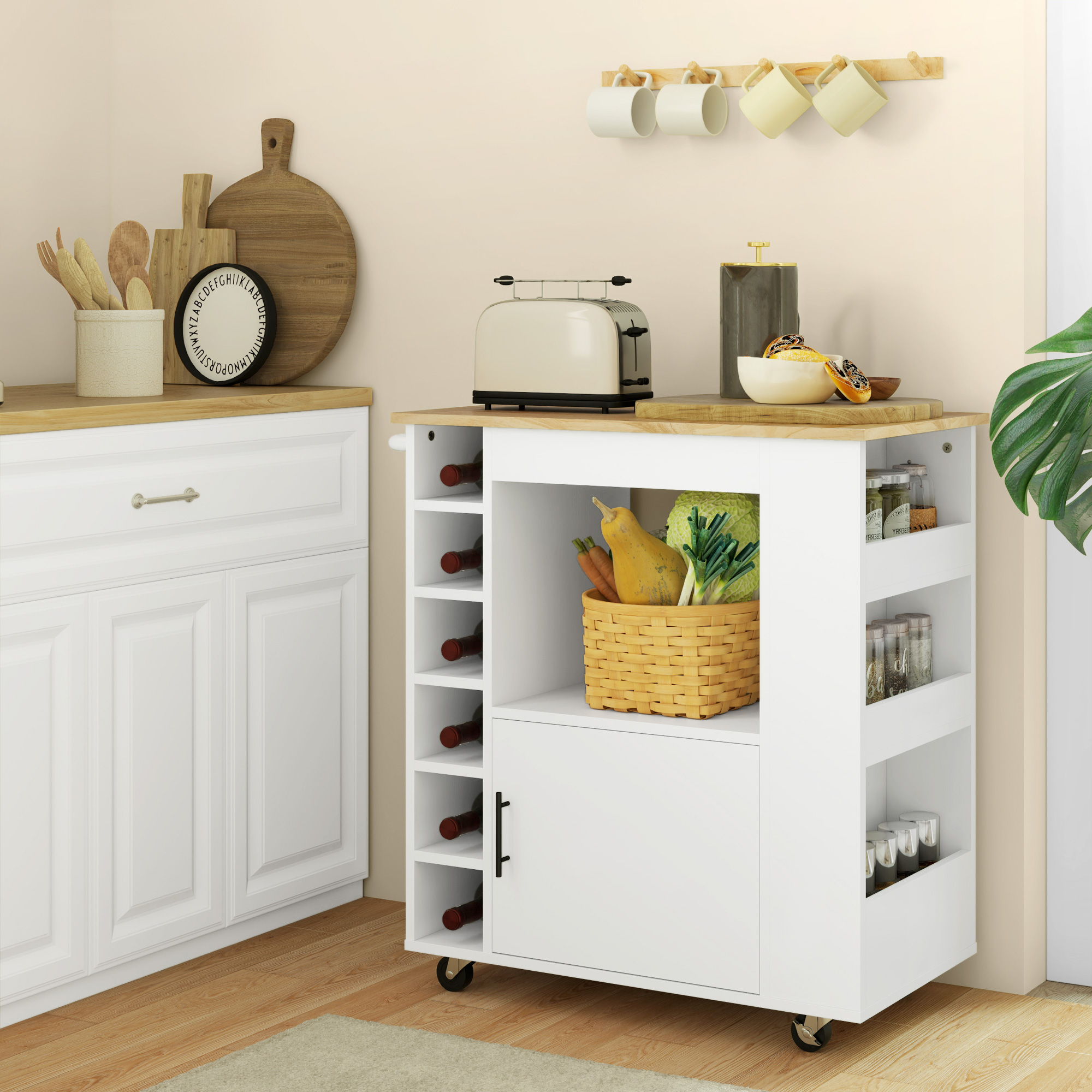 Küchenwagen, Rollbare Kücheninsel, Küchen-Trolley mit Fächern, Weinregalen, Schrank und Arbeitsfläche, Weiß