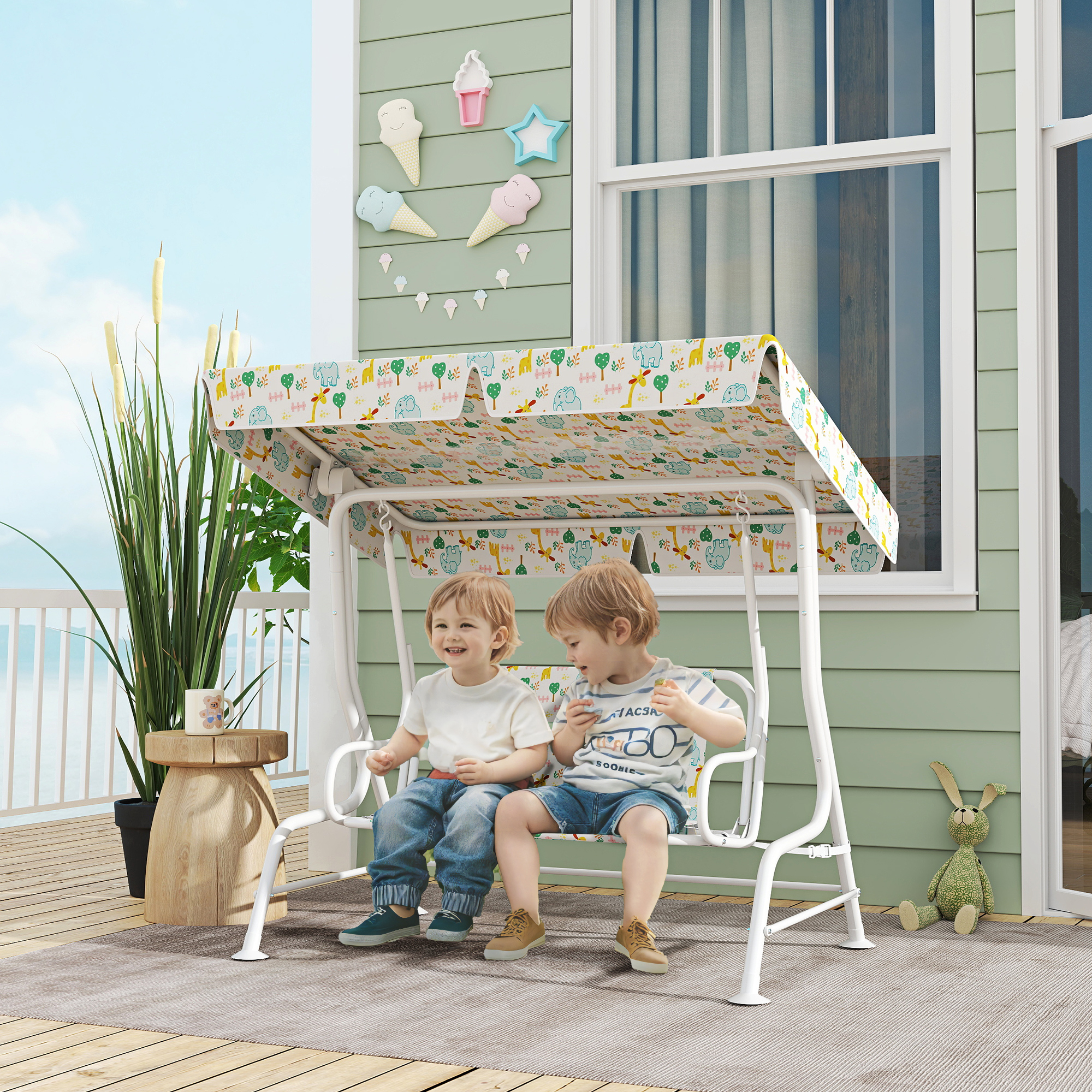 Hollywoodschaukel für Kinder, Stahlrahmen, 2-Sitzer, 60 kg belastbar, Weiß