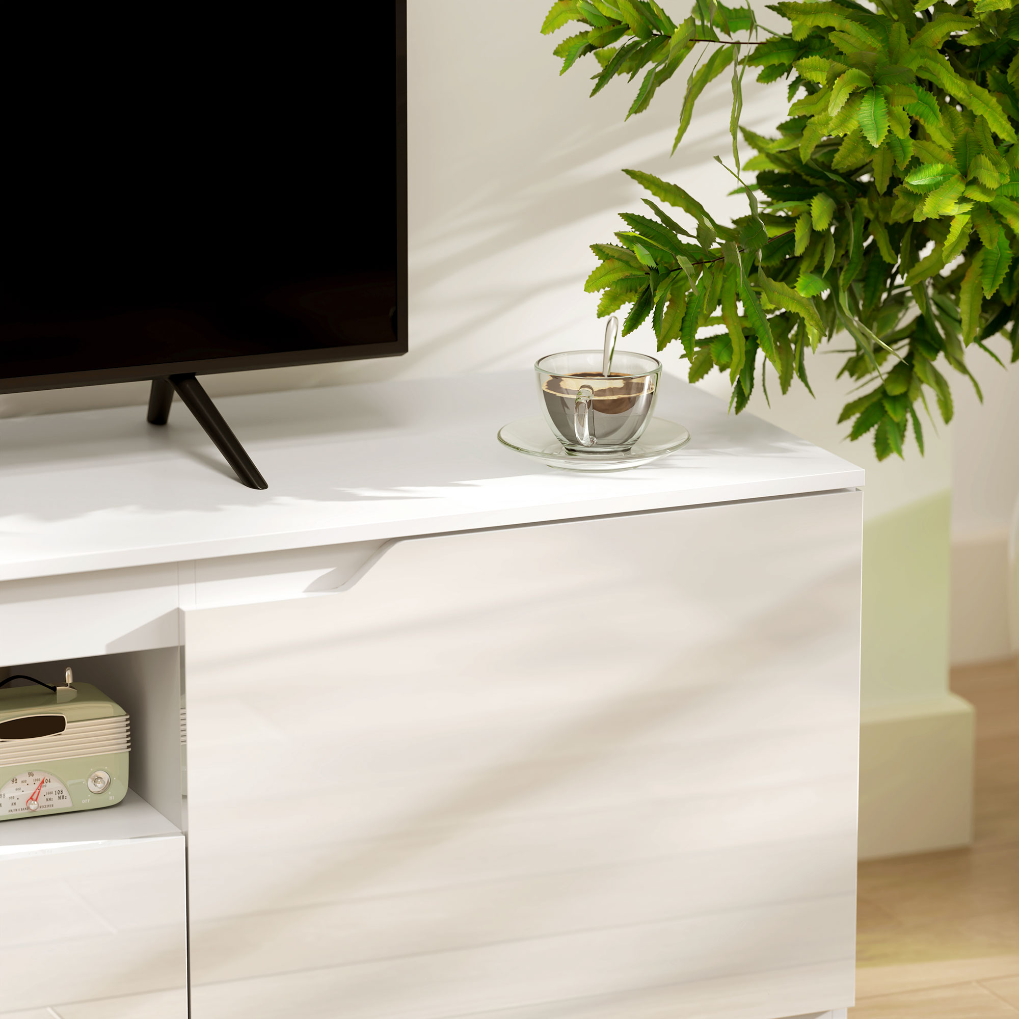 TV-Lowboard, Hochglanz, für Fernseher bis 65'', 3 Fächer, Schublade, 160 x 38 x 43 cm, Weiß
