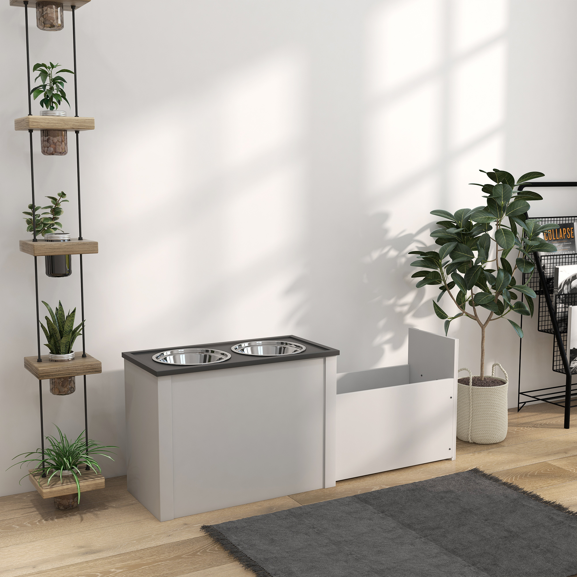 Futterstation erhöhte Fressnäpfe 1 Stauraum 2 Edelstahl-Futternäpfe, 60 x 30 x 42cm, Weiß + Grau