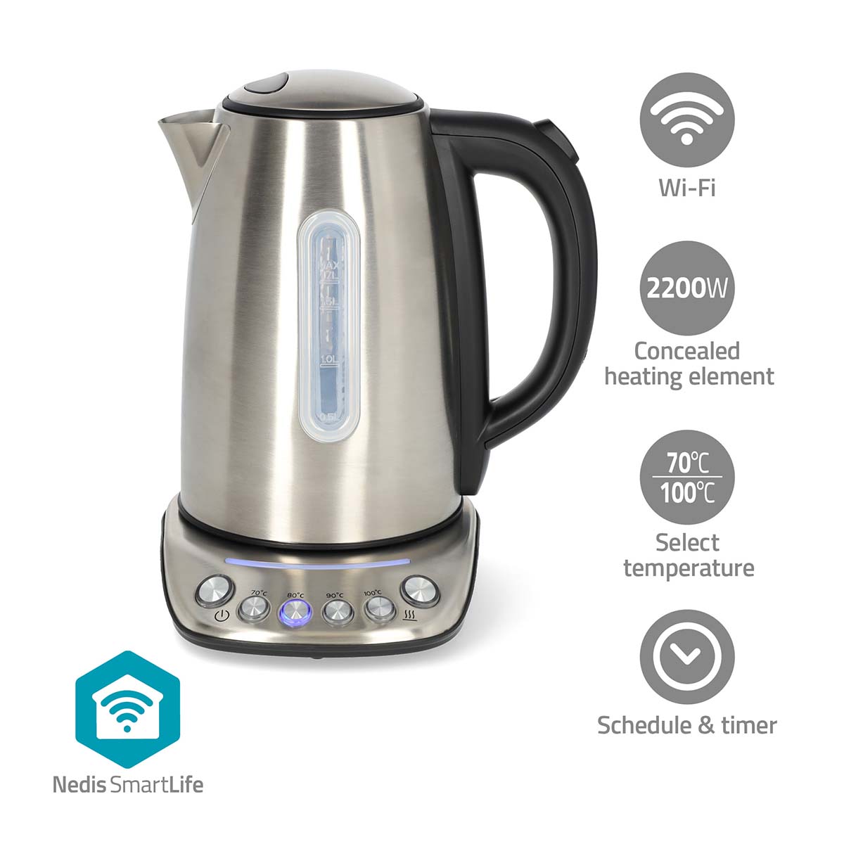 SmartLife Wasserkocher | Wi-Fi | 1.7 l | Edelstahl | 70,80,90,100 °C | Temperaturanzeige | Um 360 Grad drehbar | Verdecktes Heizelement | Strix Controller | Android? / IOS SmartLife Wasserkocher | Wi-Fi | 1.7 l | Edelstahl | 70,80,90,100 °C | Temperaturanzeige | Um 360 Grad drehbar | Verdecktes Heizelement | Strix Controller | Android? / IOS