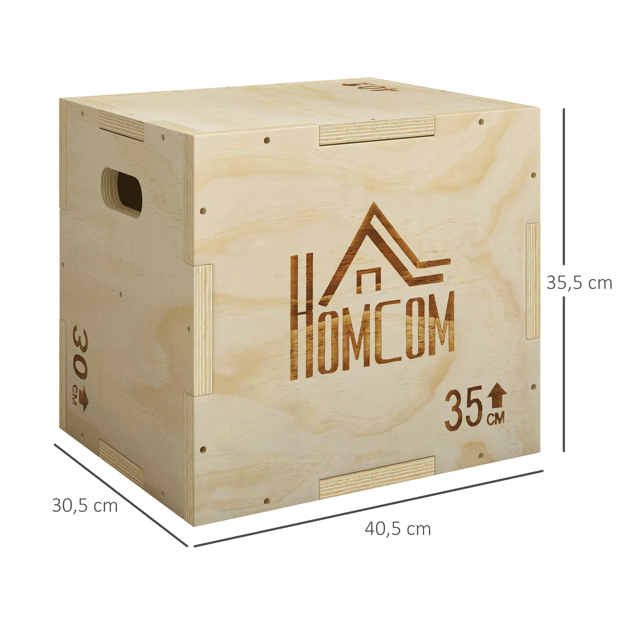 3-in-1 Plyo Box Holz Plyometrische Sprungbox mit 3 Sprunghöhen Griffen 40,5 x 35,5 x 30,5cm Naturholz