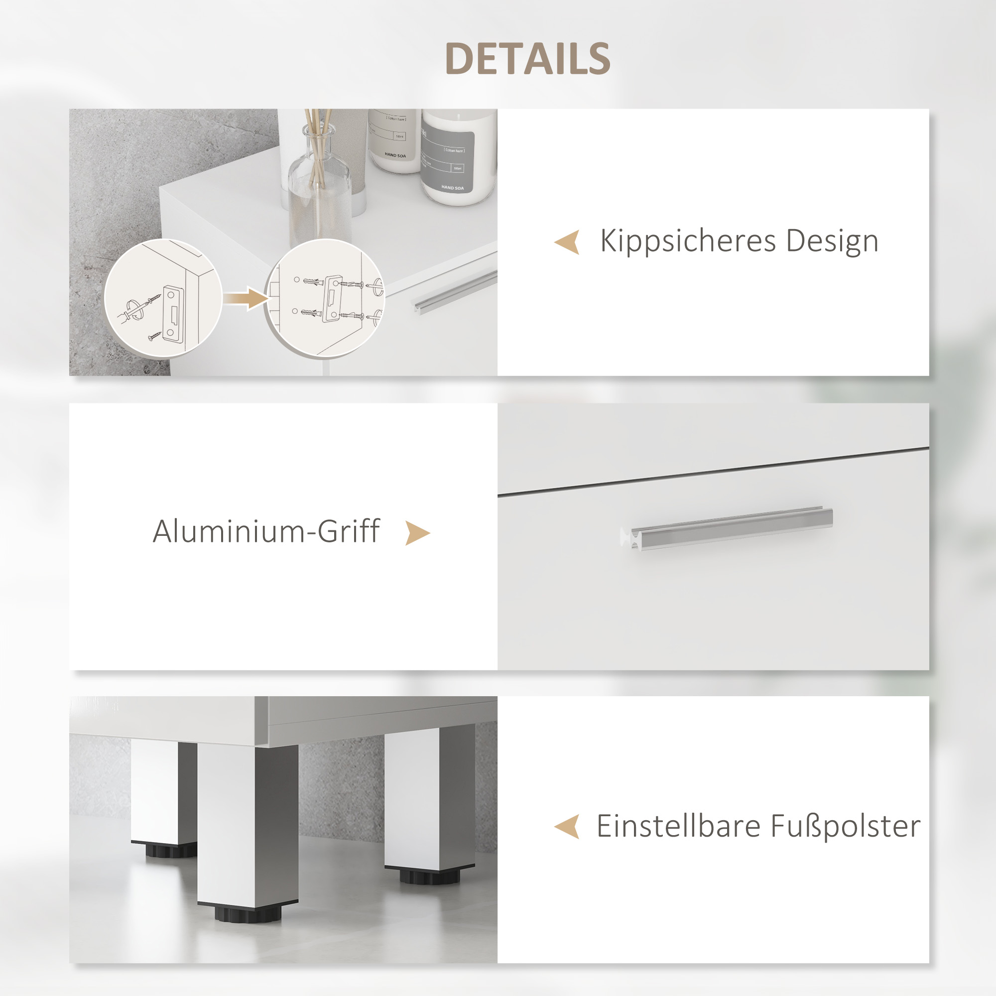 Badezimmerschrank, Badschrank, 4 Schubladen, Spanplatte, glatt, Weiß