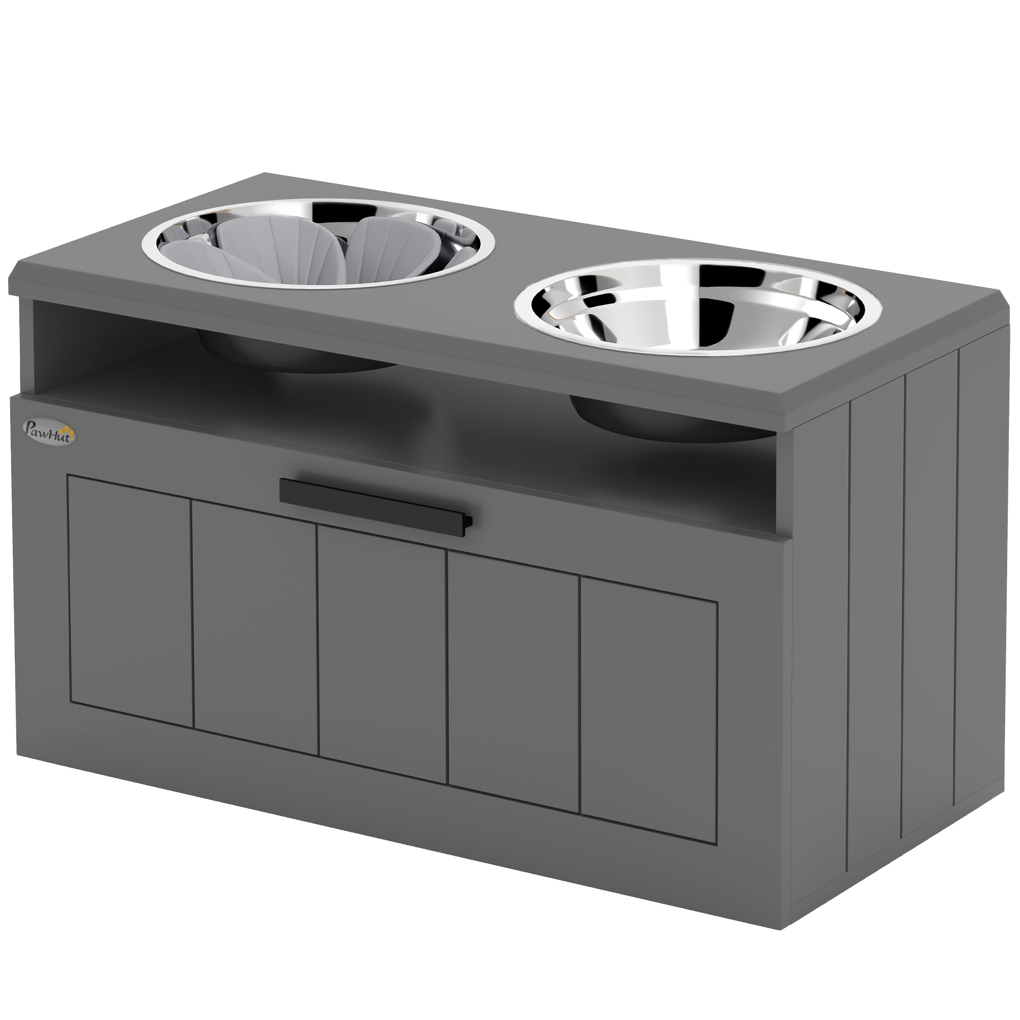 Futterstation für große Hunde, mit 2 Edelstahlnäpfen, Schublade, Futterspender für Haustiere, MDF, Stahl, Grau Futterstation für große Hunde, mit 2 Edelstahlnäpfen, Schublade, Futterspender für Haustiere, MDF, Stahl, Grau