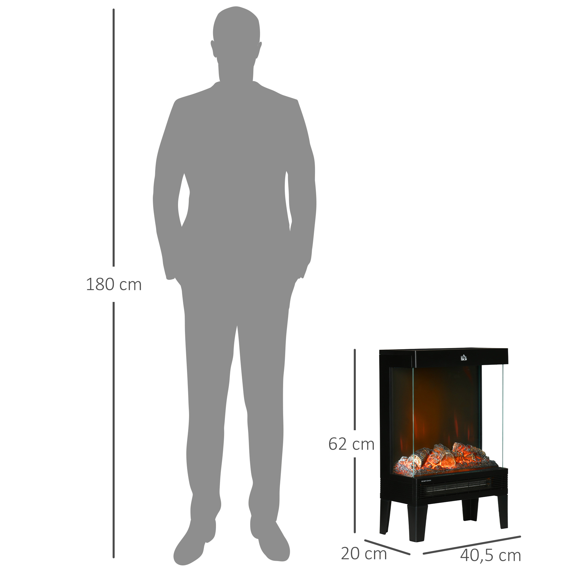 Elektrokamin, 2000 W, Standkamin mit HeizungLED 3D-Flammeneffekt, 4 Helligkeitsstufen, Elektrischer Kamin mit Thermostat, Überhitzungsschutz, Schwarz