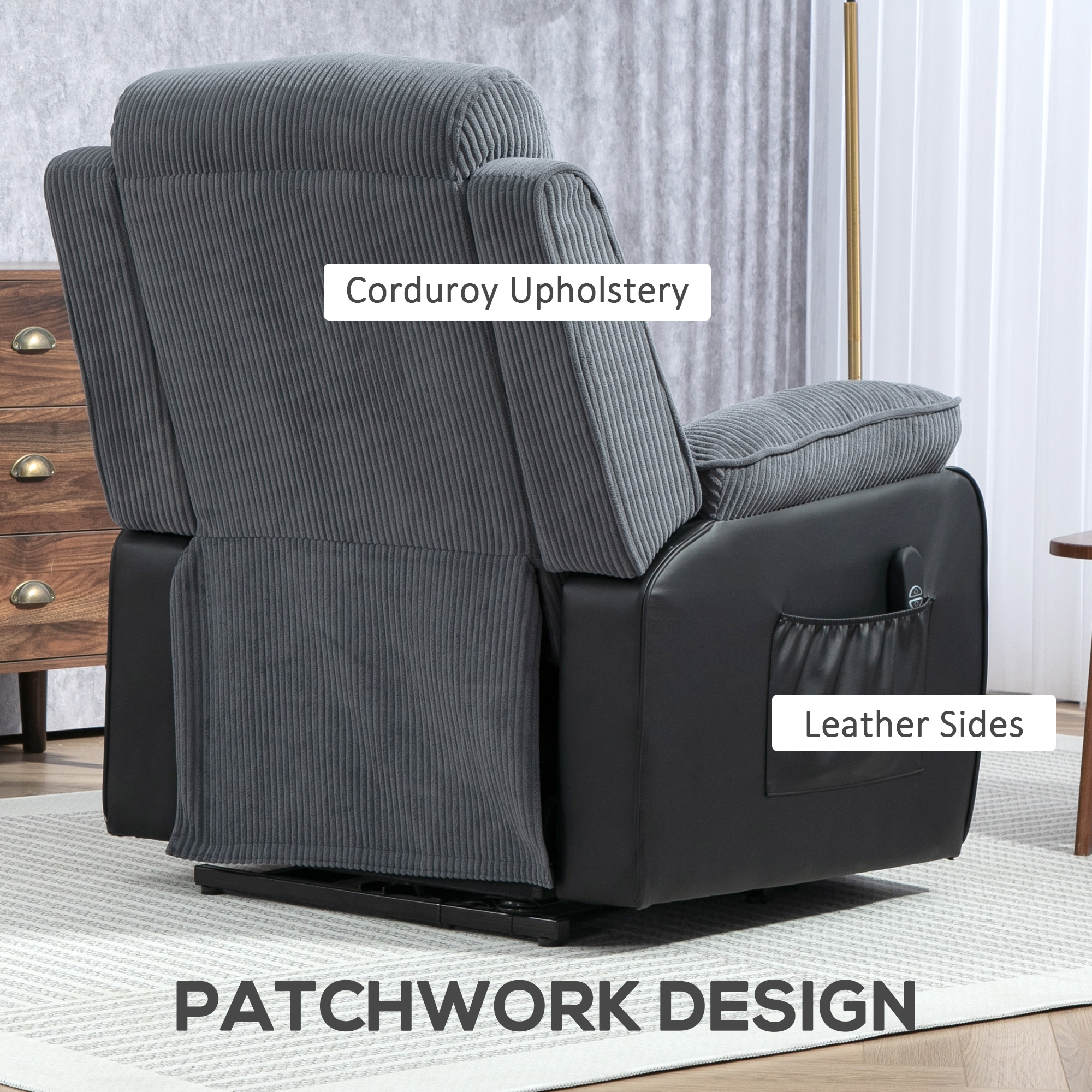 Aufstehsessel mit weichem Cordbezug, Recliner-Sessel mit Fernbedienung und Seitentaschen, Dunkelgrau