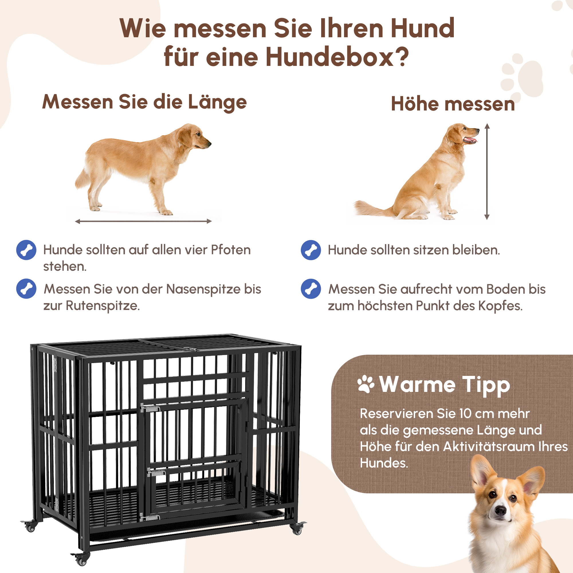 Hundebox Hundekäfig, inkl, Bodenwanne, Verriegelung, Universalrollen, 94 cm x 58 cm x 78 cm, Schwarz