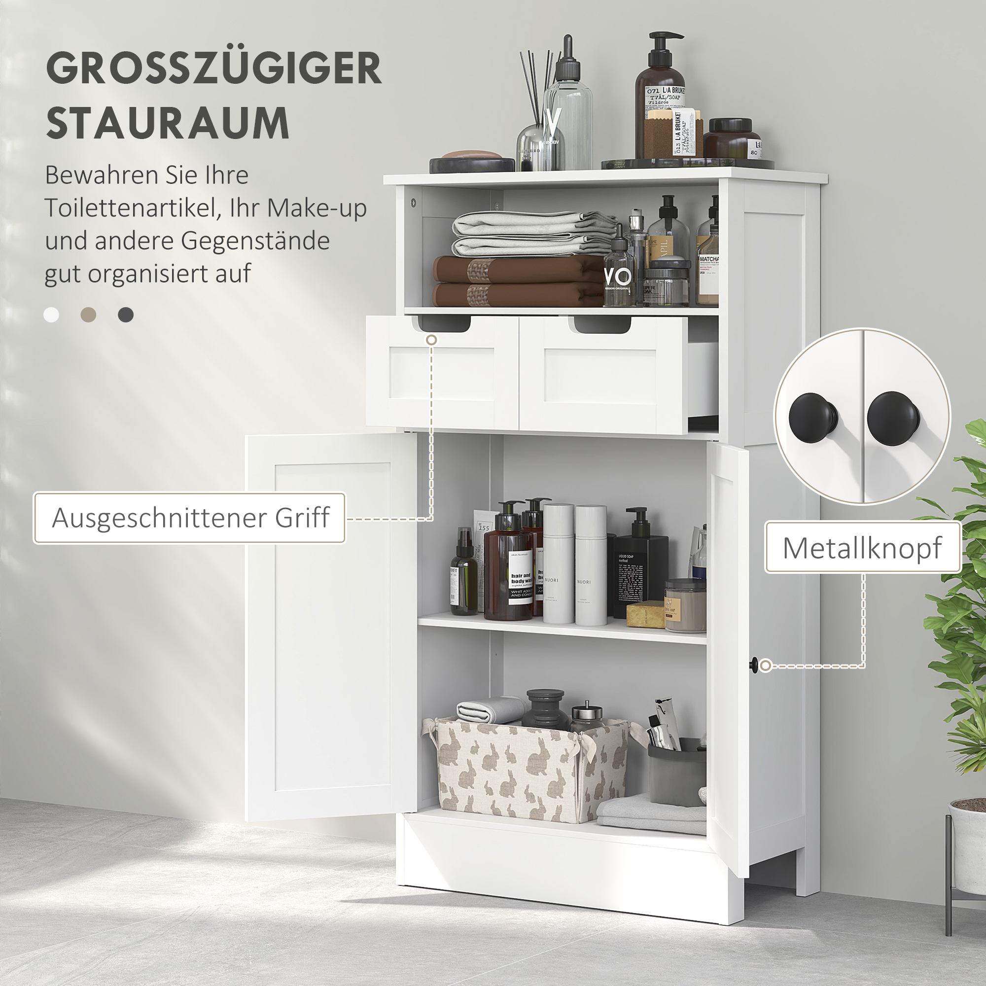 Badezimmerschrank mit 2 Schubladen, Tür, 60 x 30 x 109 cm, Weiß