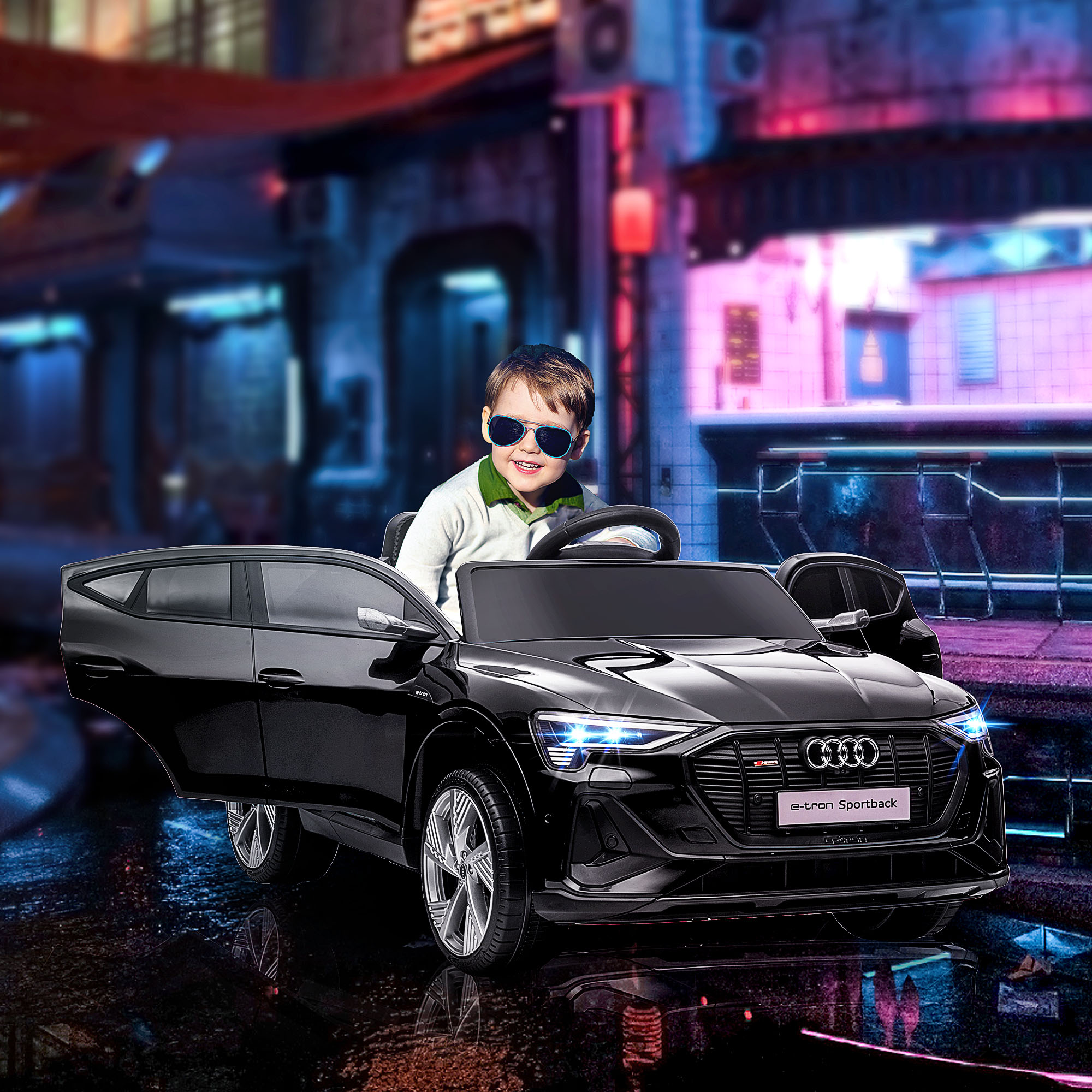 Elektro Kinderauto 12V Elektrofahrzeug Audi E-tron Elektroauto mit Fernbedienung, Sicherheitsgurt, Musik (MP3/USB/TF), Kinderfahrzeug für Kinder 3-5 Jahre, 3-5 km/h, Schwarz
