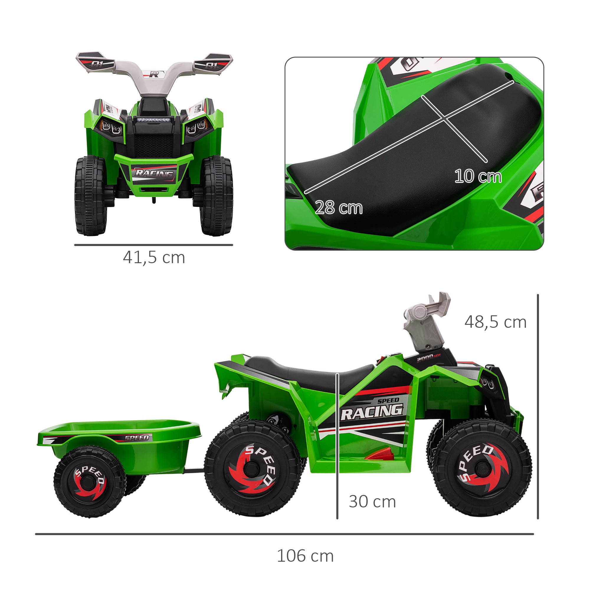 Kinderquad, aufladbar, 2,5 km/h, mit Anhänger, 50 Min, Fahrzeit, für Kinder 1,5 bis 3 Jahre, Grün