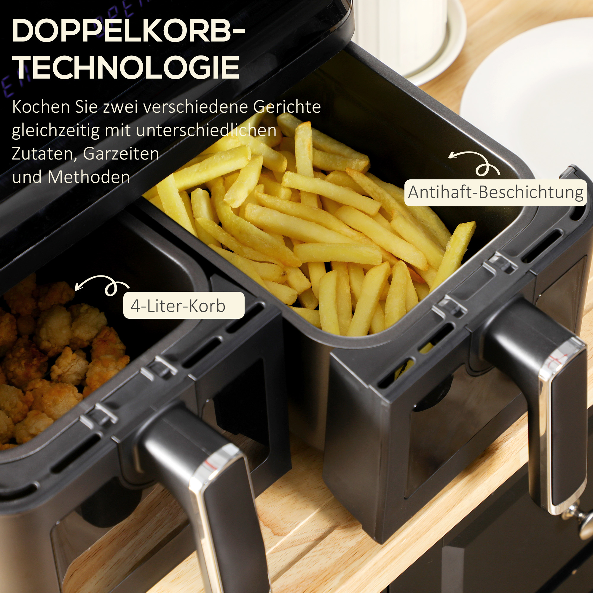 Heißluftfritteuse, 2 Frittierkörbe á 4 Liter, 8 Programme, Licht, Timer, 38,5 x 38 x 30,5 cm, Schwarz
