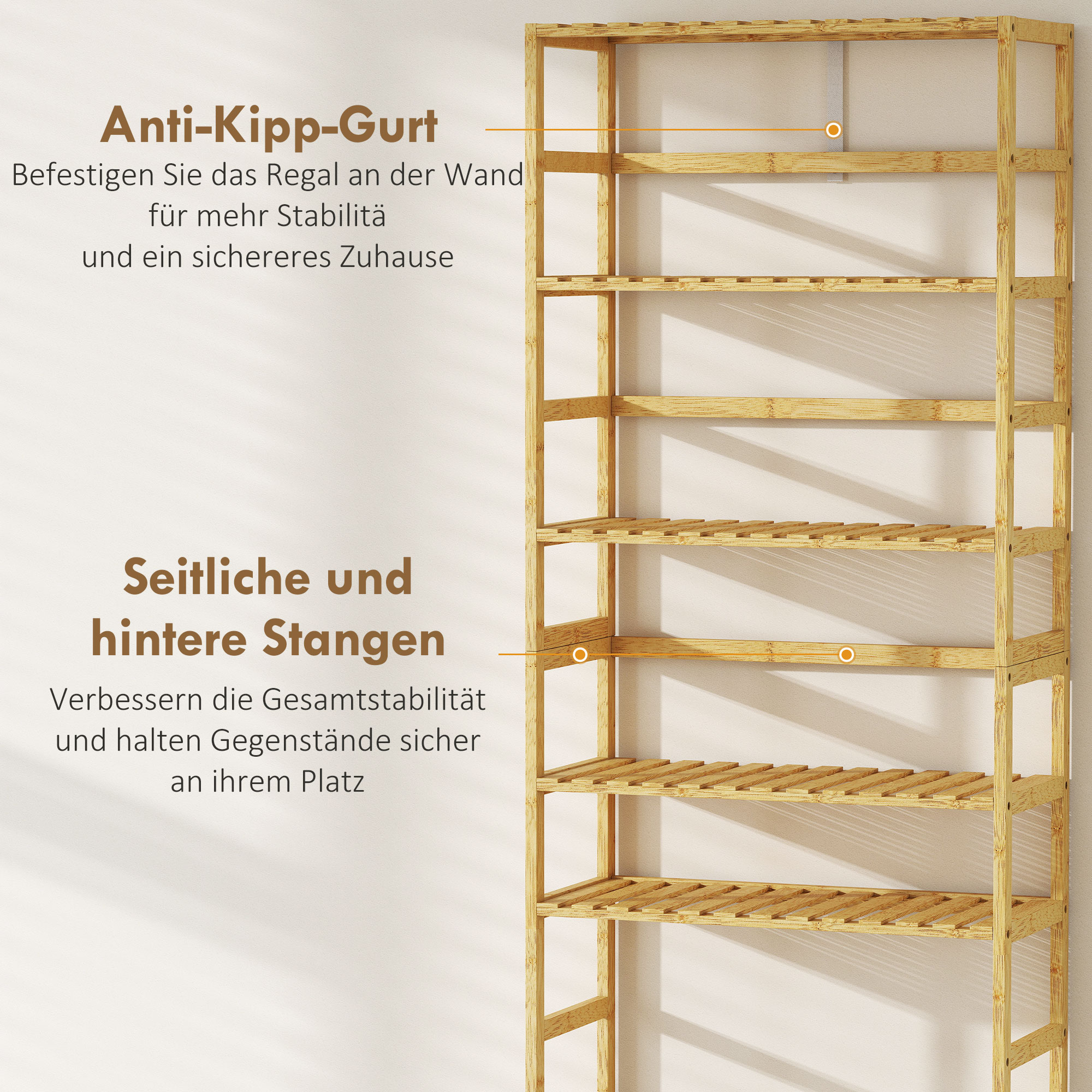 6-Ebenen-Regal aus Bambusholz, verstellbare Regalböden, freistehendes Aufbewahrungsregal, Naturholz