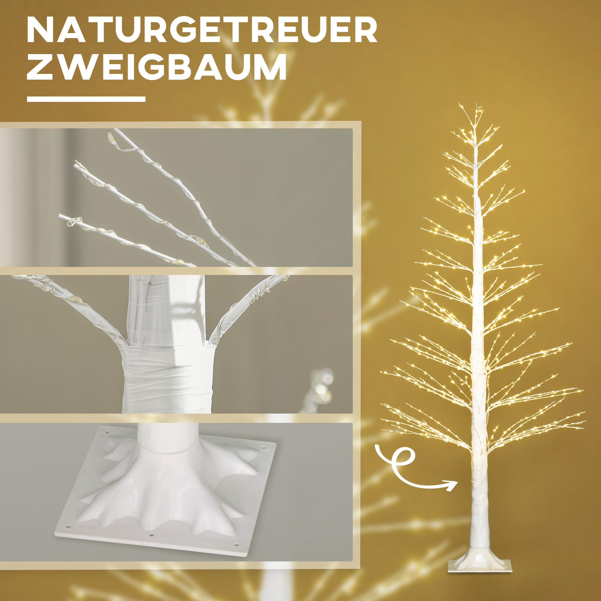 Kunsttanne mit LED-Beleuchtung, 180 cm hoher Weihnachtsbaum, realistische Rinde, Weiß