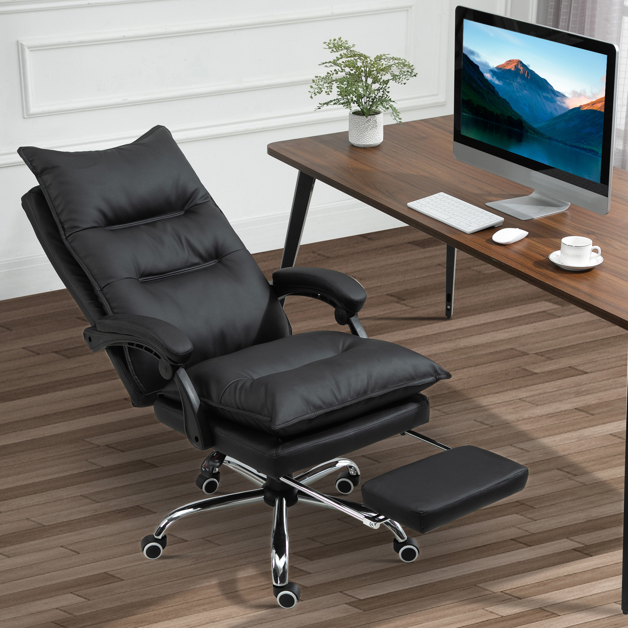 Bürostuhl Ergonomischer Schreibtischstuhl mit Armlehne, Fußstütze, Höhenverstellbarer Drehstuhl aus Kunstleder, Gepolstert Computerstuhl, Schwarz