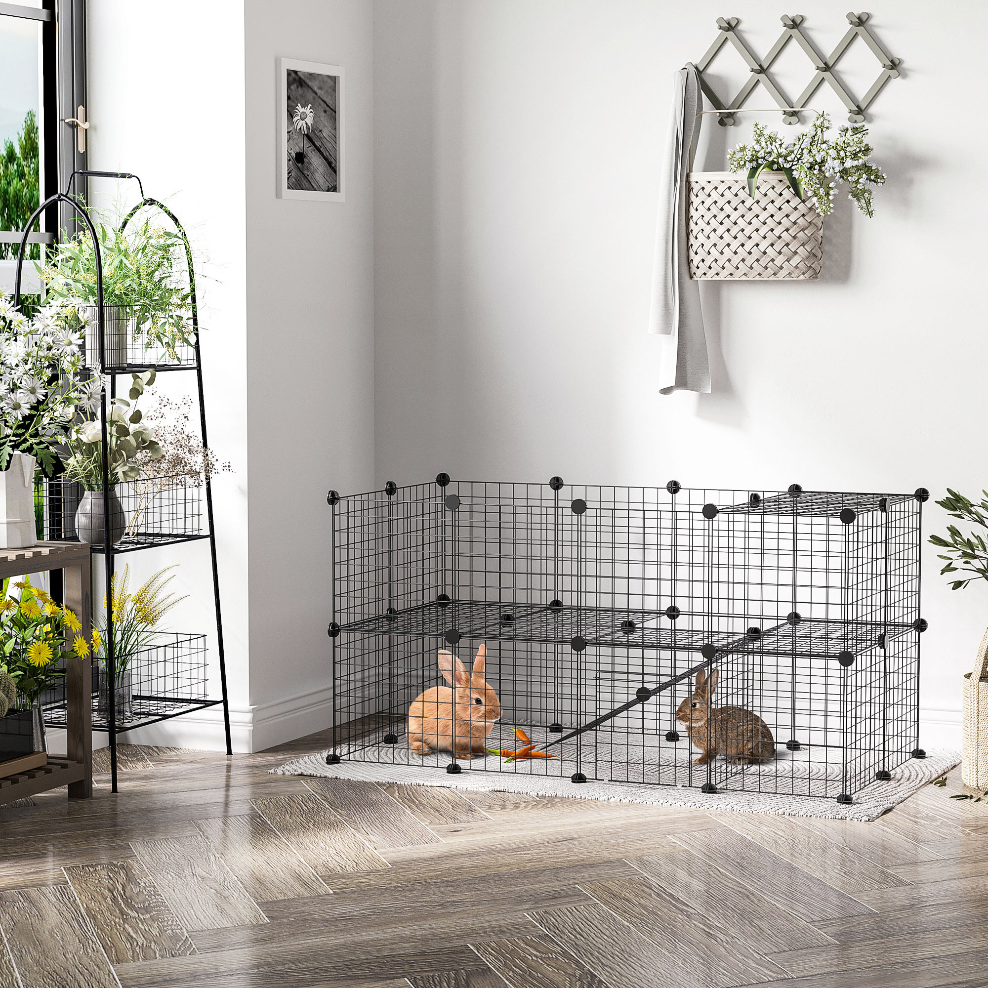 Freigehege Laufgitter DIY Welpenlaufstall Gittergehege für Kleintier aus Metallgitter Absperrgitter Kleine Haustiere Laufstall für Innen 36 Platten Schwarz 146 x 73 x 73 cm