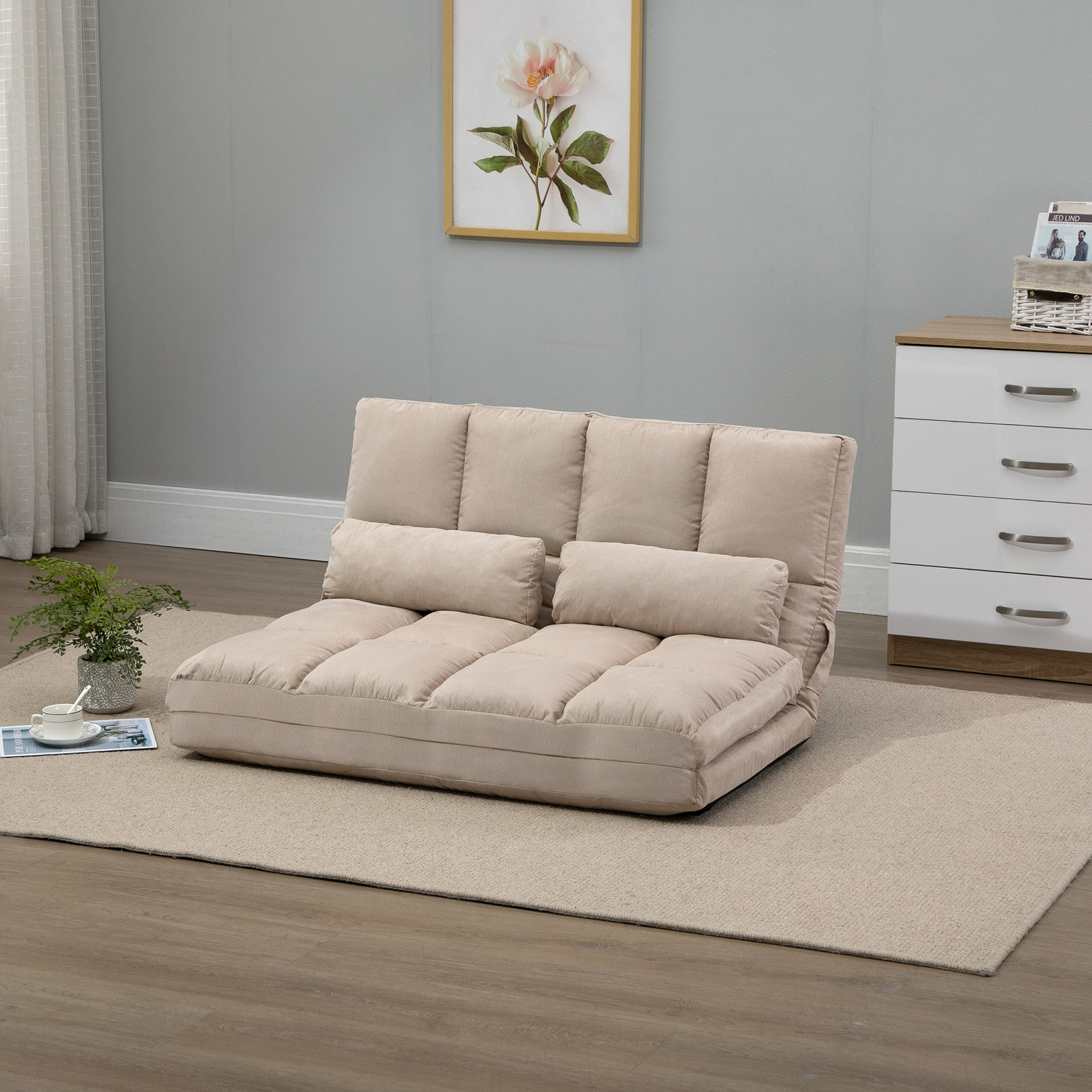 2-in-1 Bodensessel, Rückenlehne, Verstellbar, 102 x 73 x 60 cm, Beige