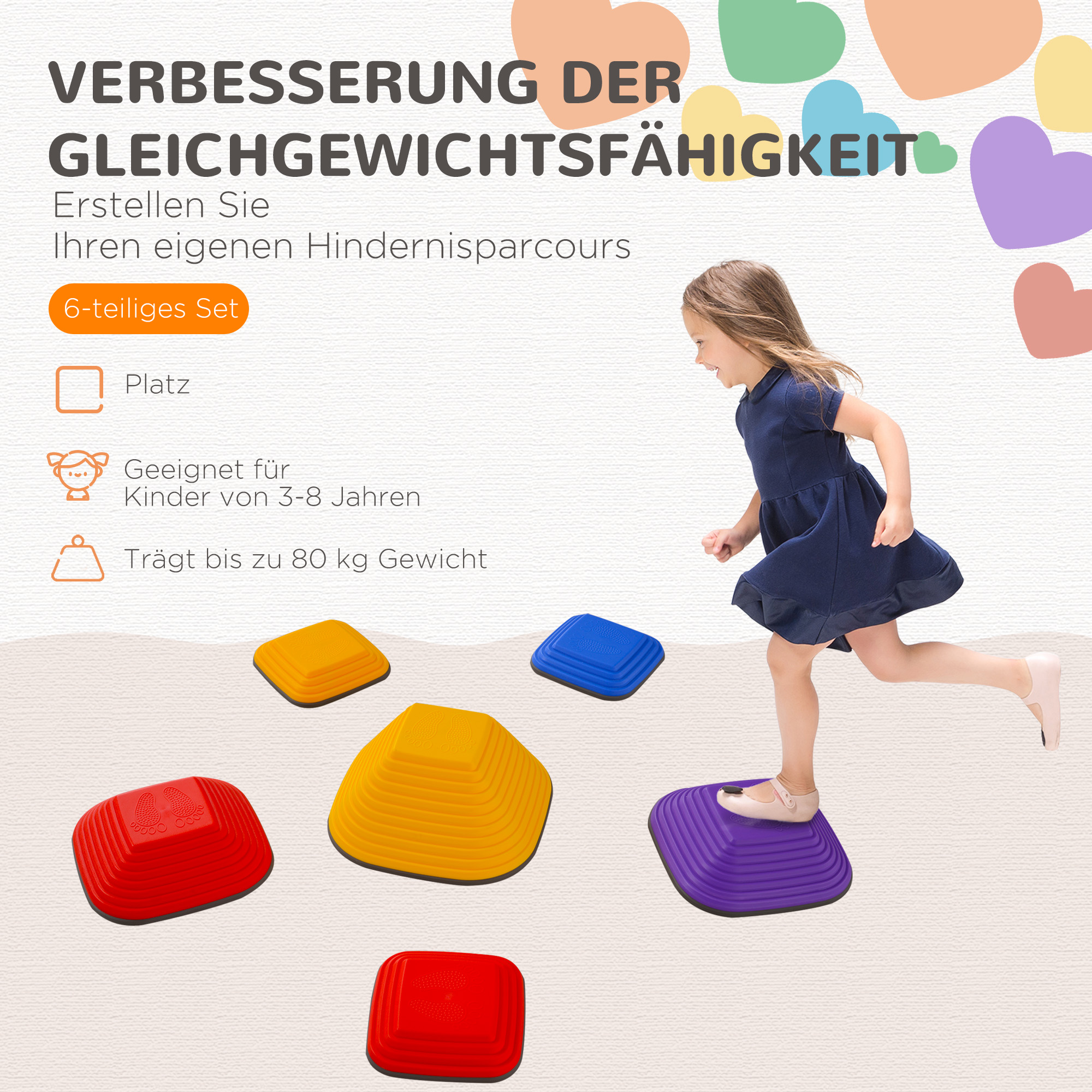 Balance-Trittsteine für Kinder, 6 Teile, Rutschfest, Hindernislauf-Steine, für Motorik-Förderung, Kunststoff, Bunt