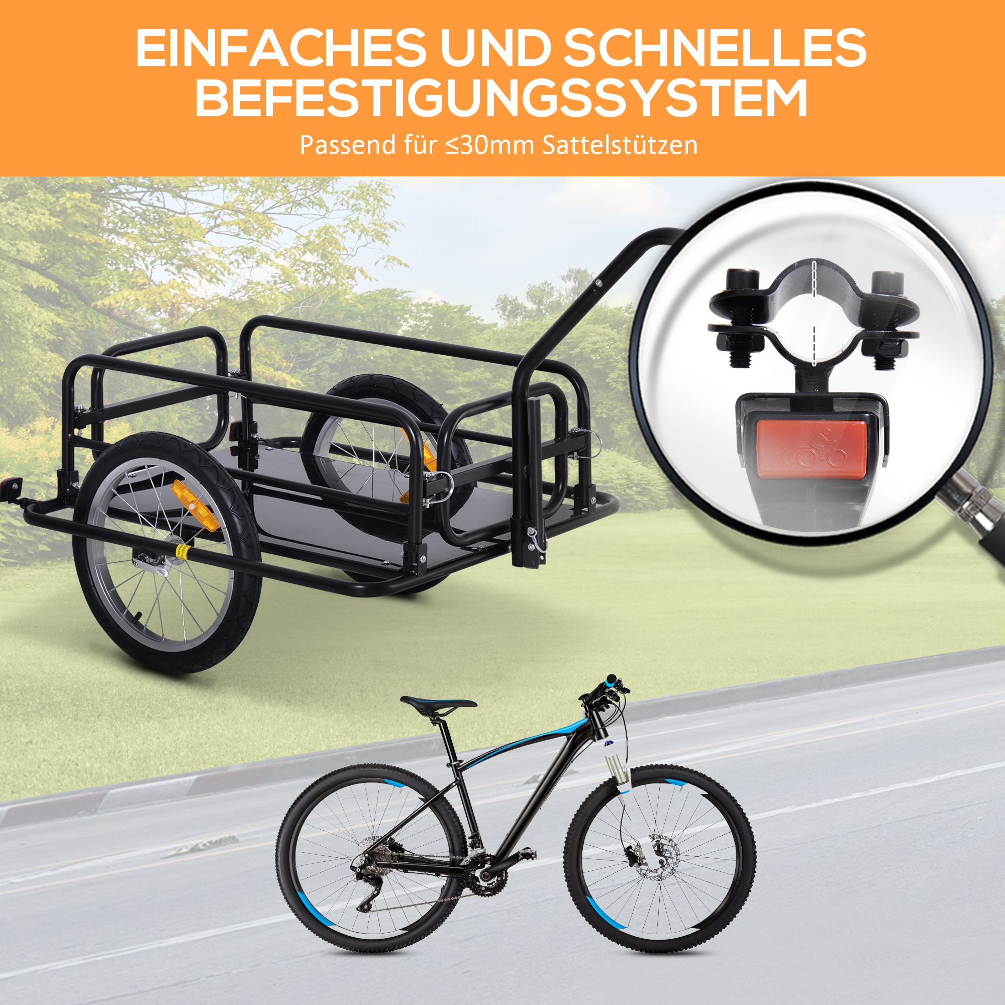 Fahrradanhänger Klappbar Lastenanhänger mit Kupplung, Kuppler & Reflektoren Transportwagen bis 40 kg belastbar, Transportanhänger Anhänger für Camping, Einkaufen, Umzug 155 x 71,5 x 77 cm