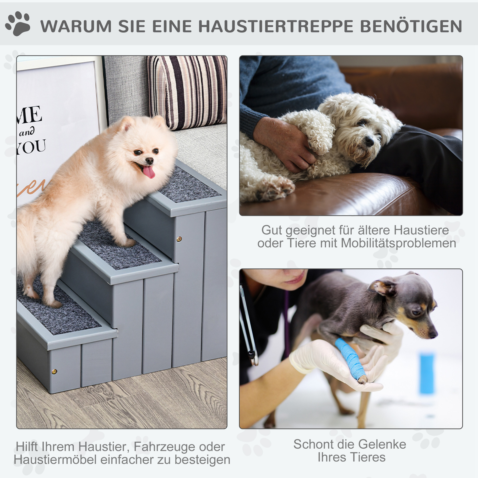 Hundetreppe 3 Stufen 38 cm Hoch Haustiertreppe für kleine bis mittelgroße Hunde Katzentreppe Hunderampe Einstiegshilfe für Bett, Sofa, Couch und Auto Grau