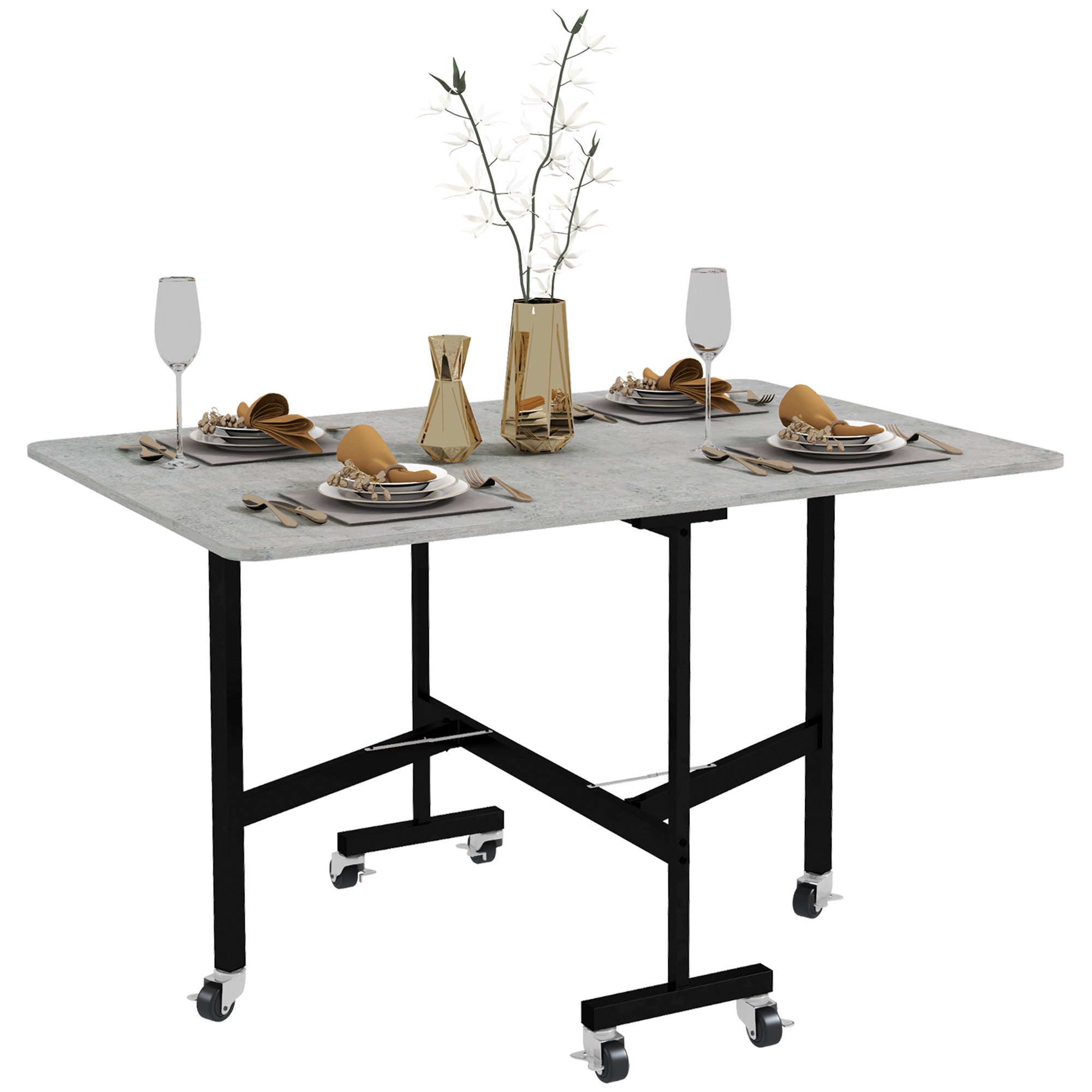 Esstisch für 4-6 Personen, Klapptisch mit Rollen, Stahlgestell, 52,5-120 x 80 x 73 cm, Grau