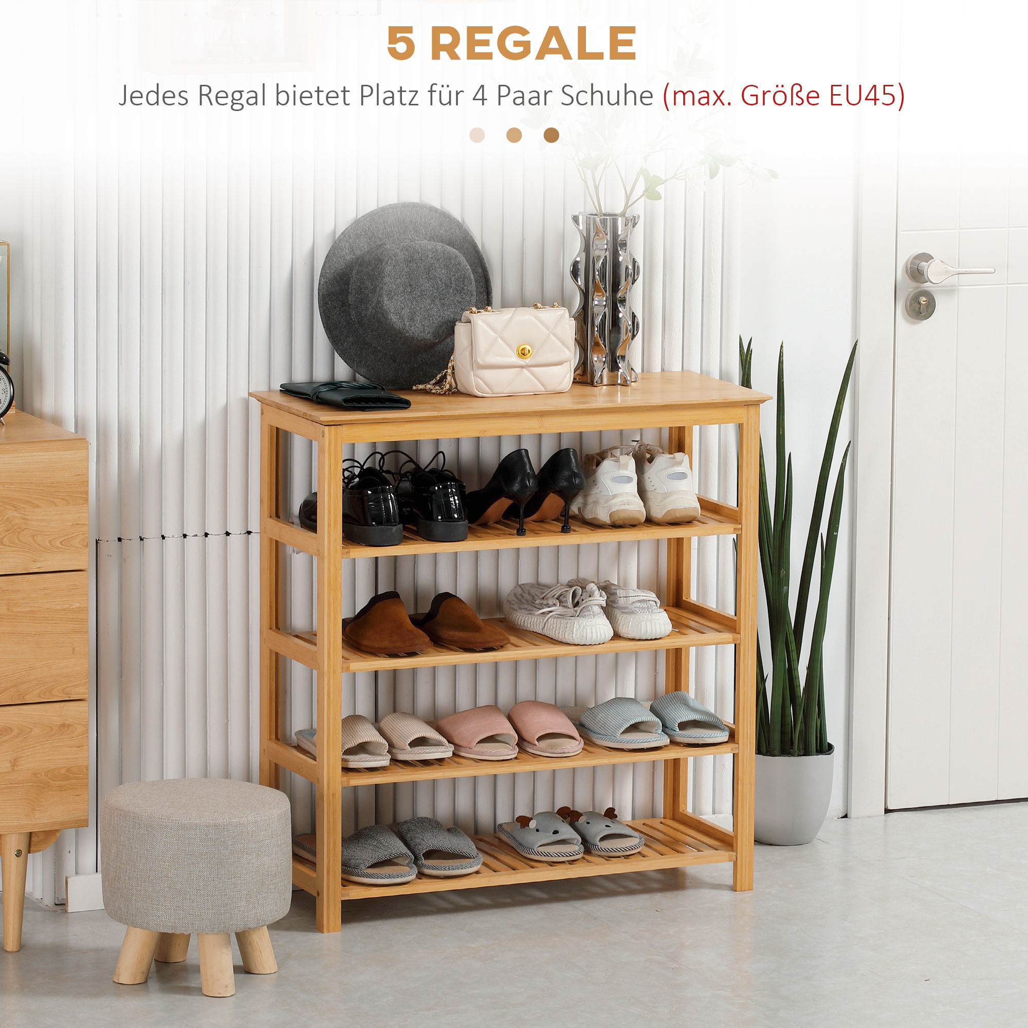 Schuhregal mit 4 Regalen, Bambus, Lamellen, bis Größe EU 45, Natur