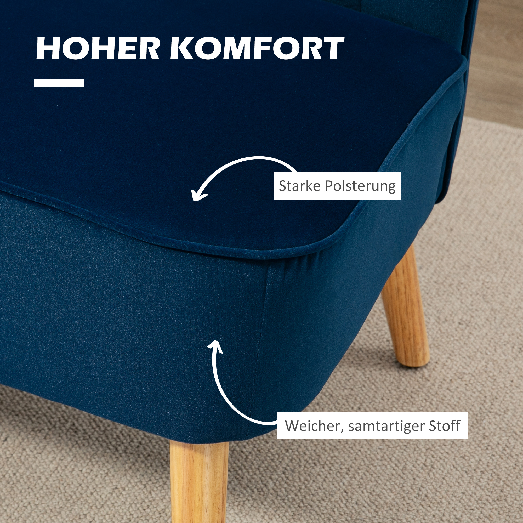 Sofa Retrodesign 2-Sitzer-Sofa, Holzbeine, 117 cm x 56,5 cm x 77 cm, Blau