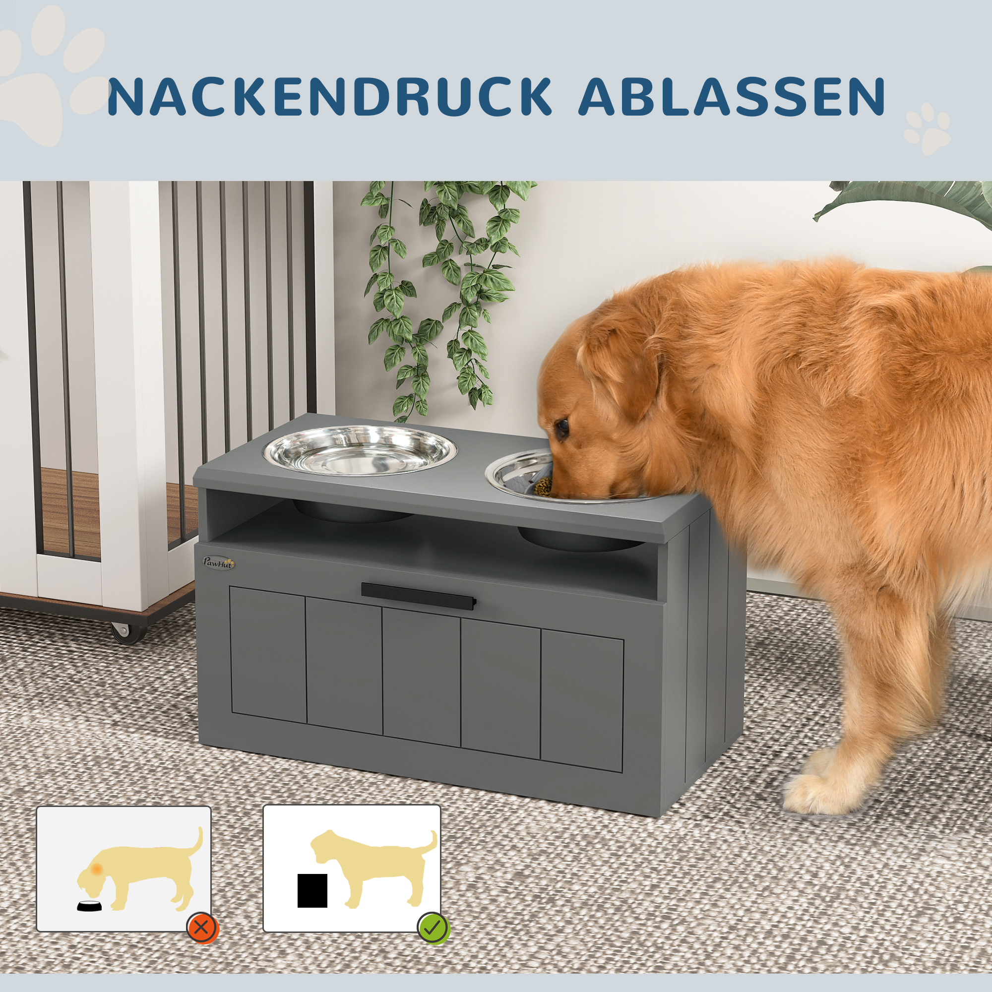 Futterstation für große Hunde, mit 2 Edelstahlnäpfen, Schublade, Futterspender für Haustiere, MDF, Stahl, Grau