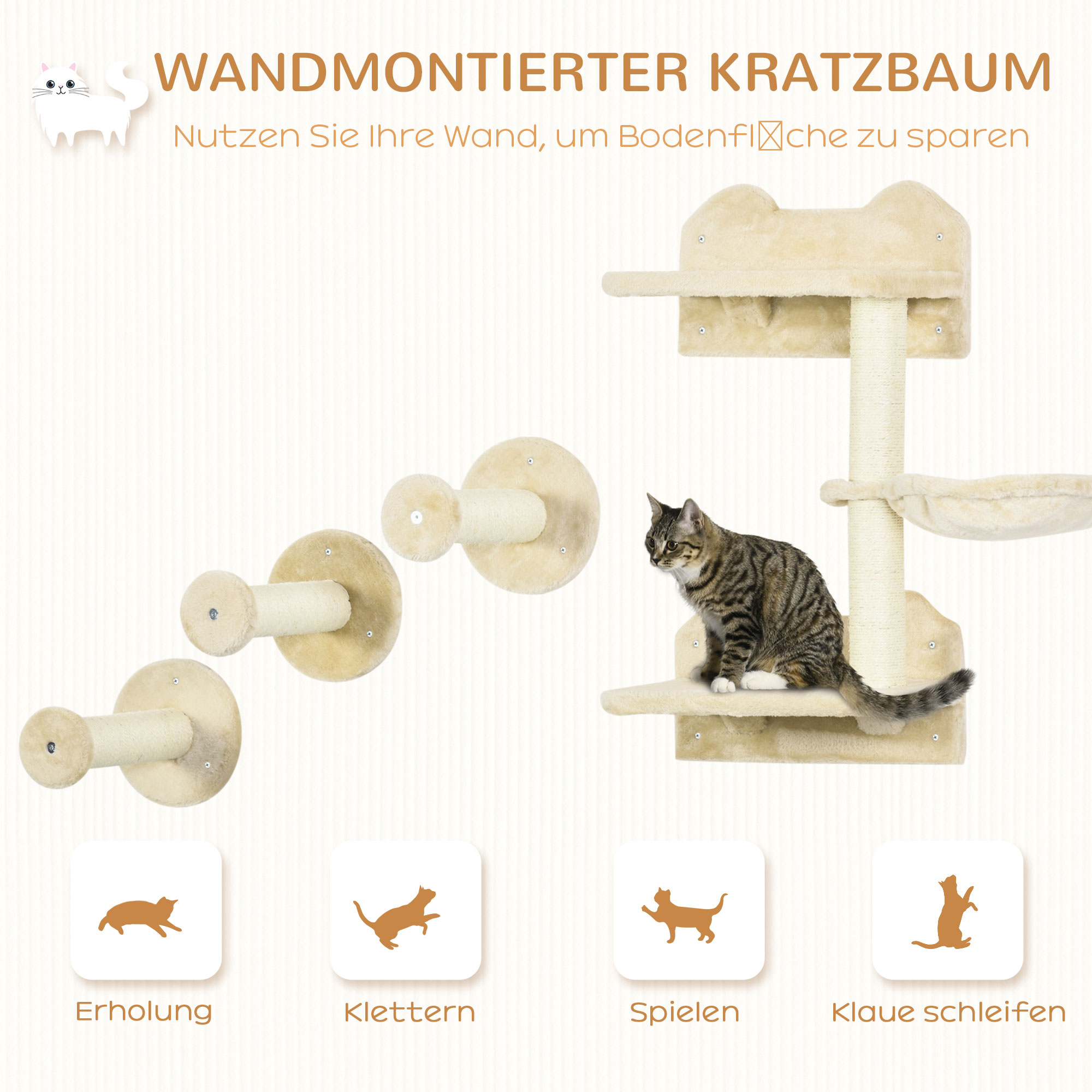 Kletterstufen, Kletterwand, Katzentreppe, 4-tlg, Set, mit Kratzbaum, Hängematte, beige+cremeweiß, 40 x 28 x 73cm