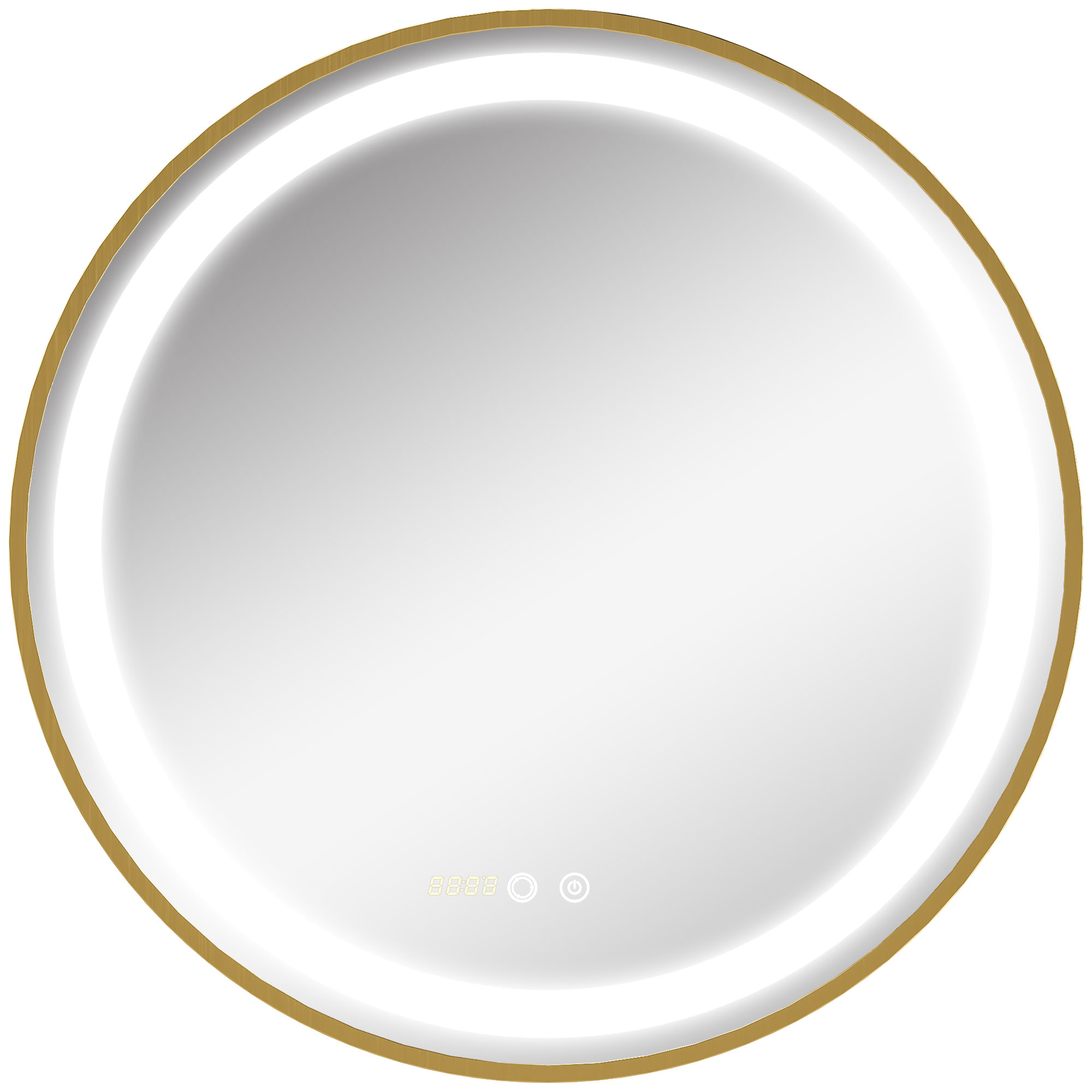 Runder Spiegel mit LED-Beleuchtung, Uhrzeitanzeige, Memoryfunktion, Gold + Silber Runder Spiegel mit LED-Beleuchtung, Uhrzeitanzeige, Memoryfunktion, Gold + Silber