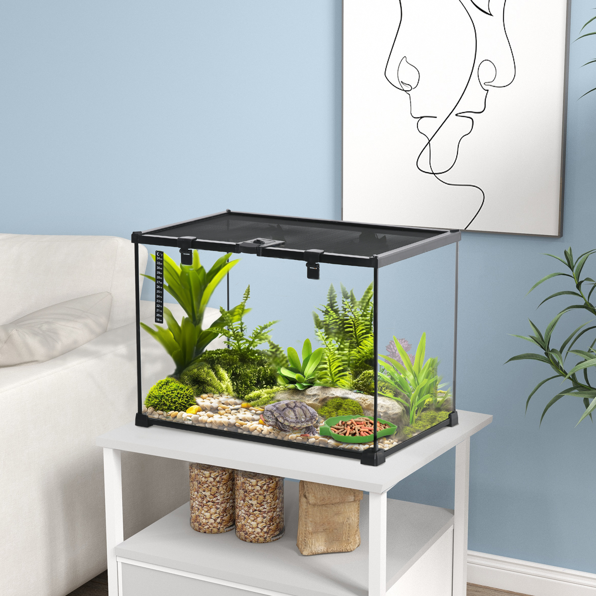 Terrarium für Reptilien Reptile Fütterungsbox Glasterrarium Amphibien Spinnentiere mit Thermometer Reptilienzuchtbox Metall Schwarz 50 x 30 x 35 cm