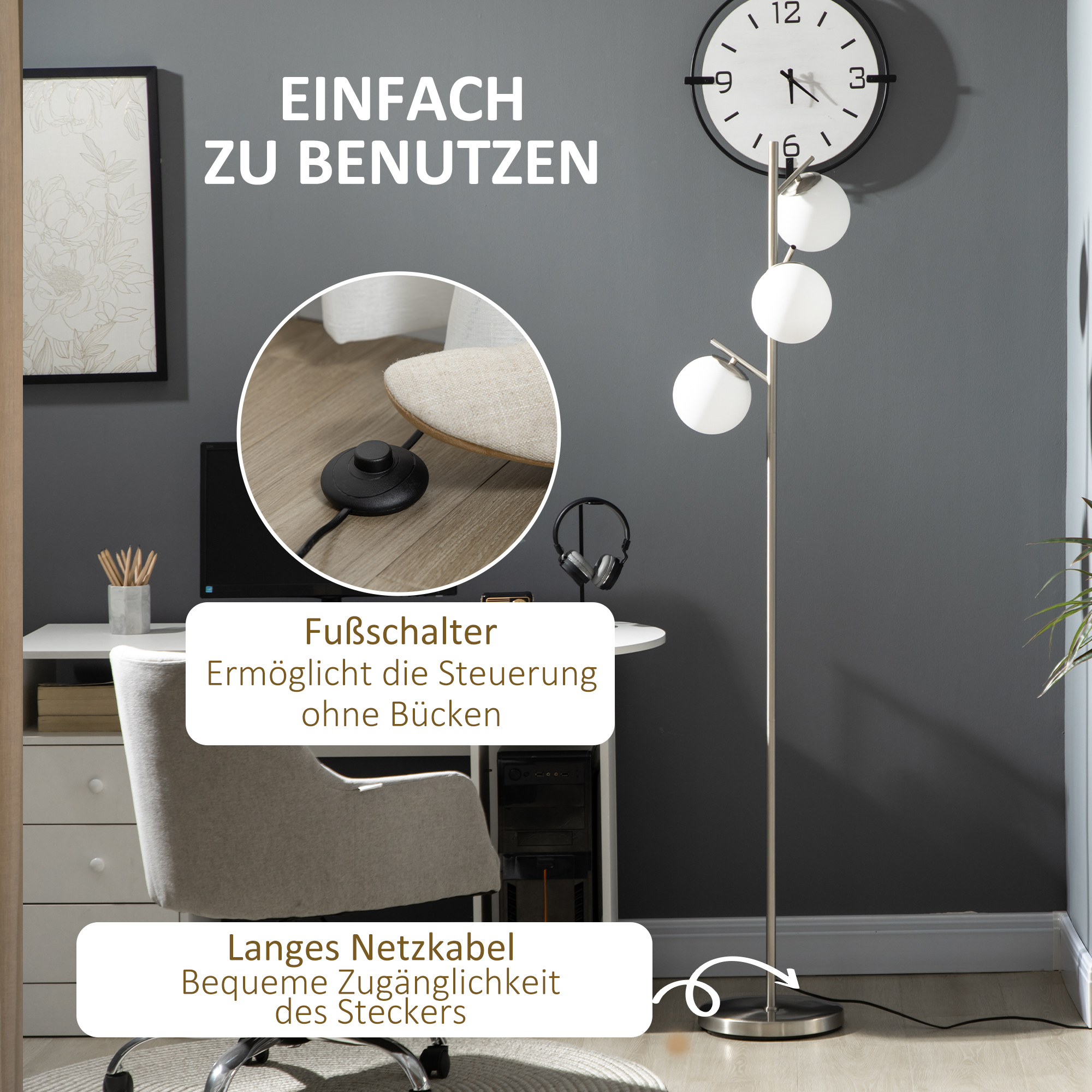 Stehlampe mit 3 Lampenschirmen aus Glas, E 27, Fußschalter, Silber + Weiß