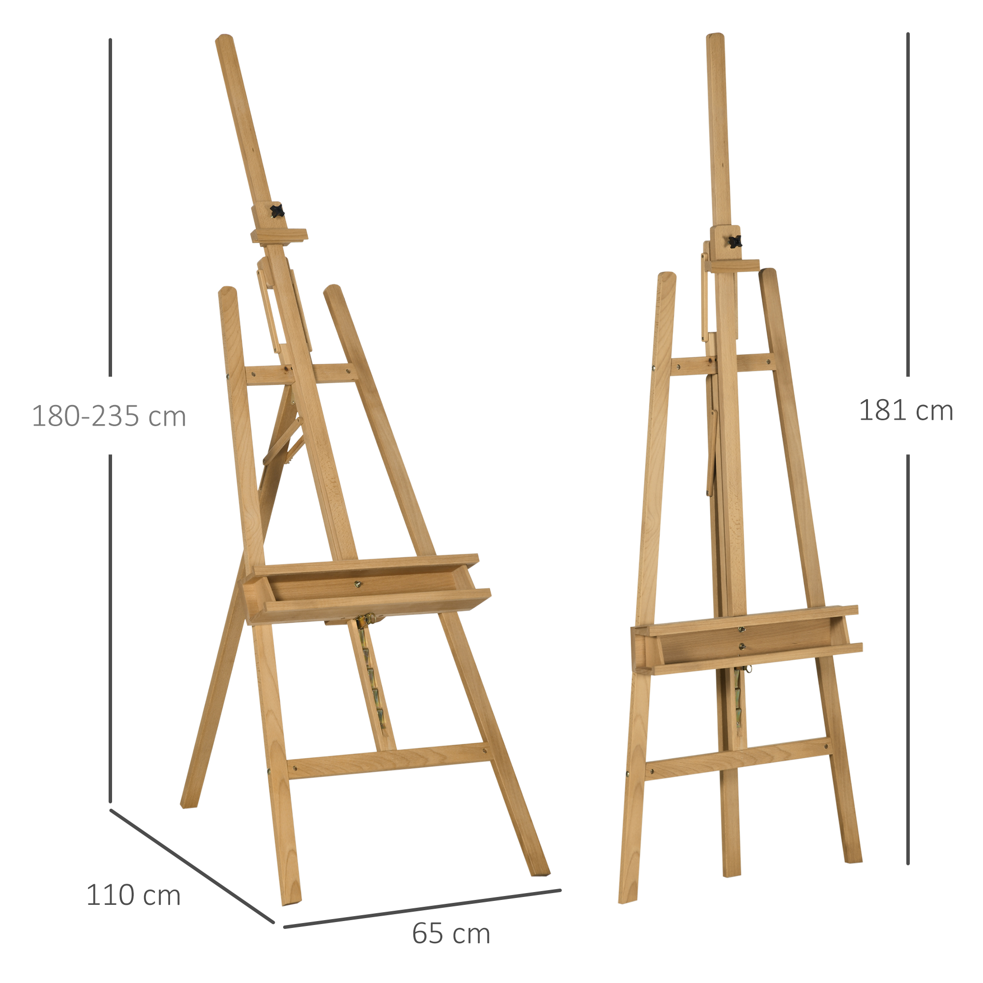 Staffelei, Holzstaffelei, höhenverstellbar, klappbar, Stiftablage, Buchenholz, 65 x 110 x 180-235 cm