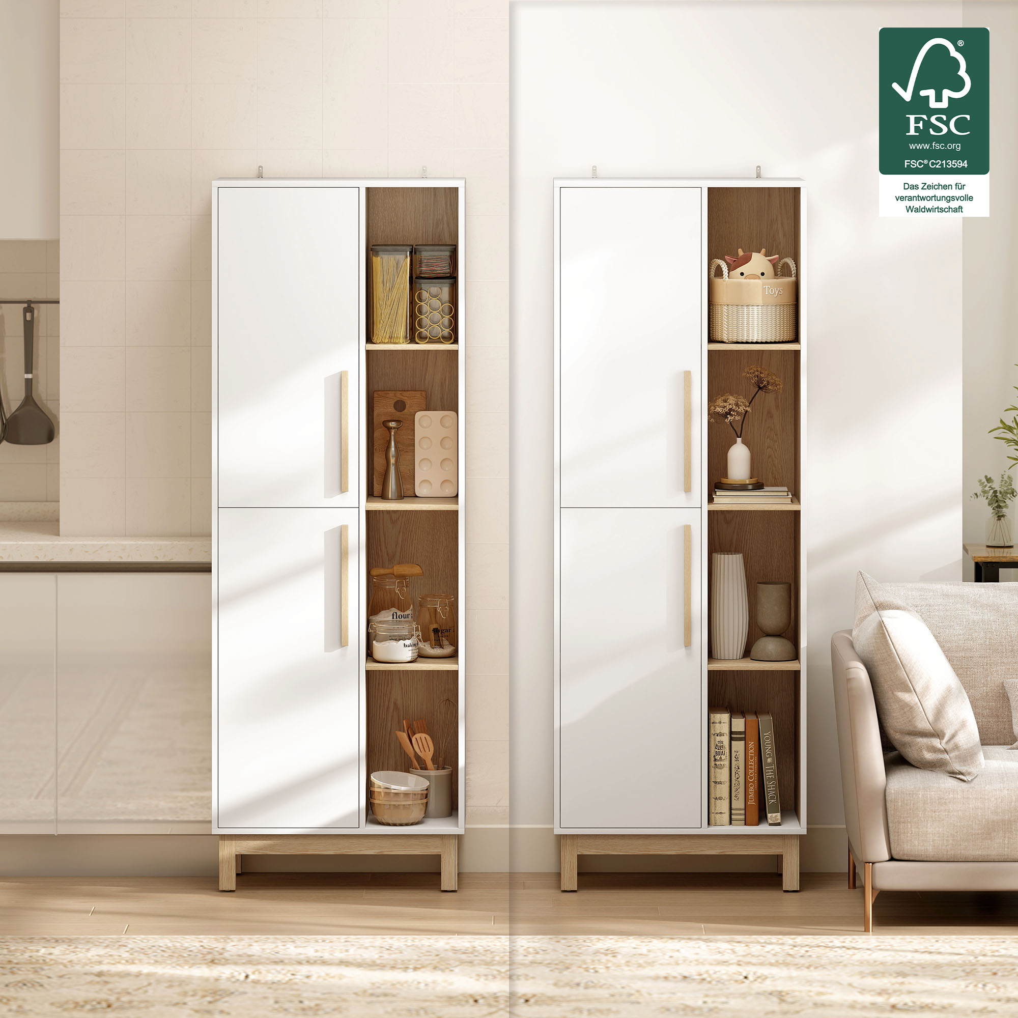 176 cm großes Bücherregal, 4 offene Regale, 2 Schränke, freistehender Bücherschrank, MDF, Weiß