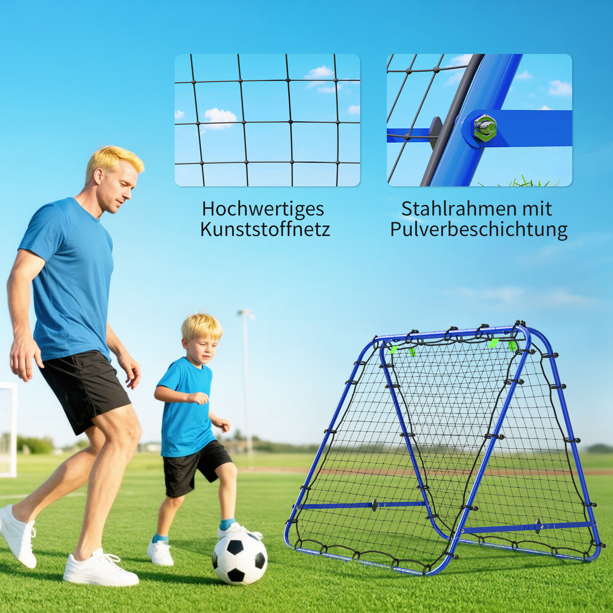 Rebounder für Fußball, verstellbar Prellwand mit 5 Winkelpositionen und Rückprallwand Netz, 100 x 95cm Kickback Tor Fußballtor für Jugendliche, Rückprallwand für Handball Training, Blau