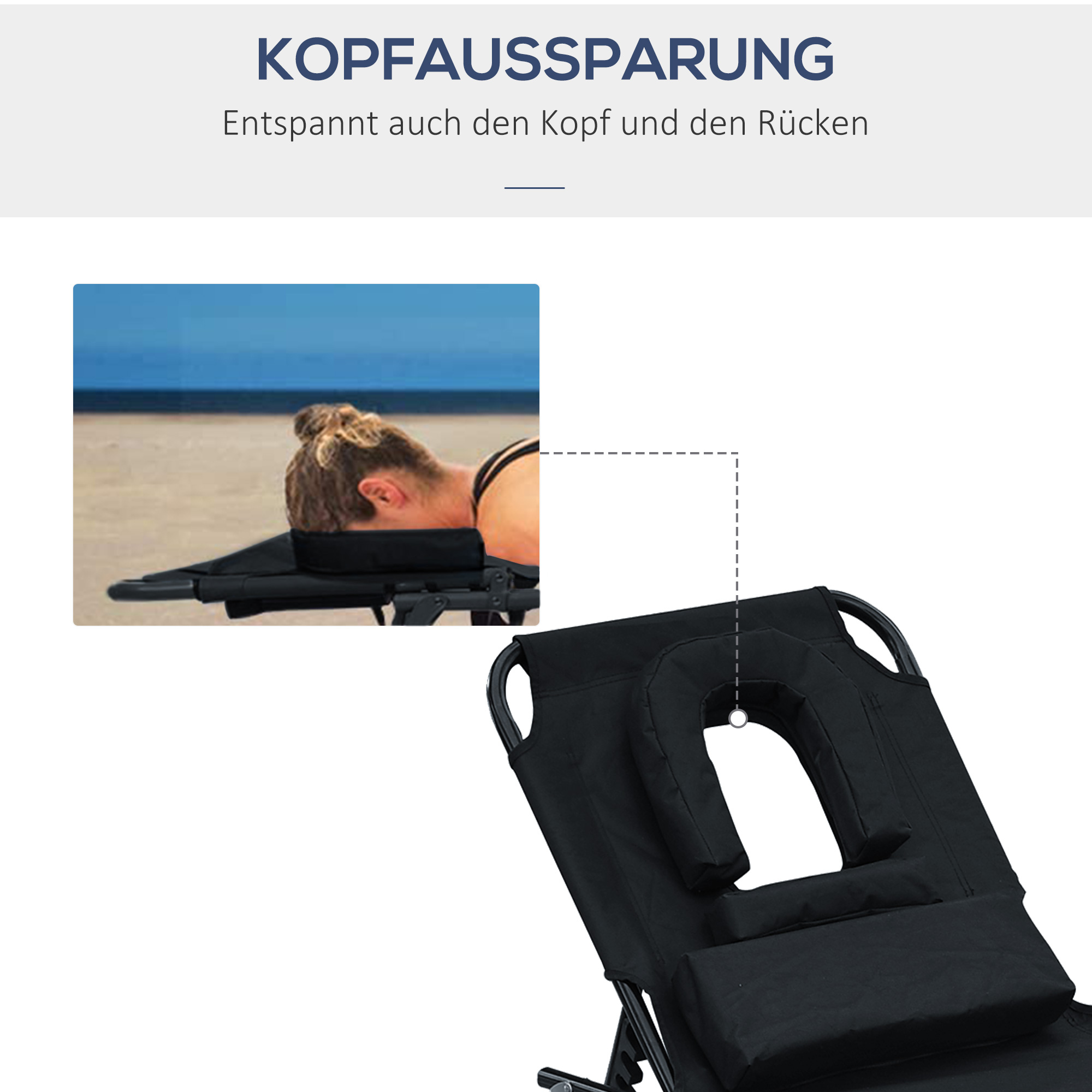 Sonnenliege klappbar Gartenliege mit Kopfkissen Liegestuhl mit 4-Fach verstellbare Rückenlehne Campingliege mit Lesefenster Gartenstuhl bis 120kg belastbar für Garten, Balkon Schwarz