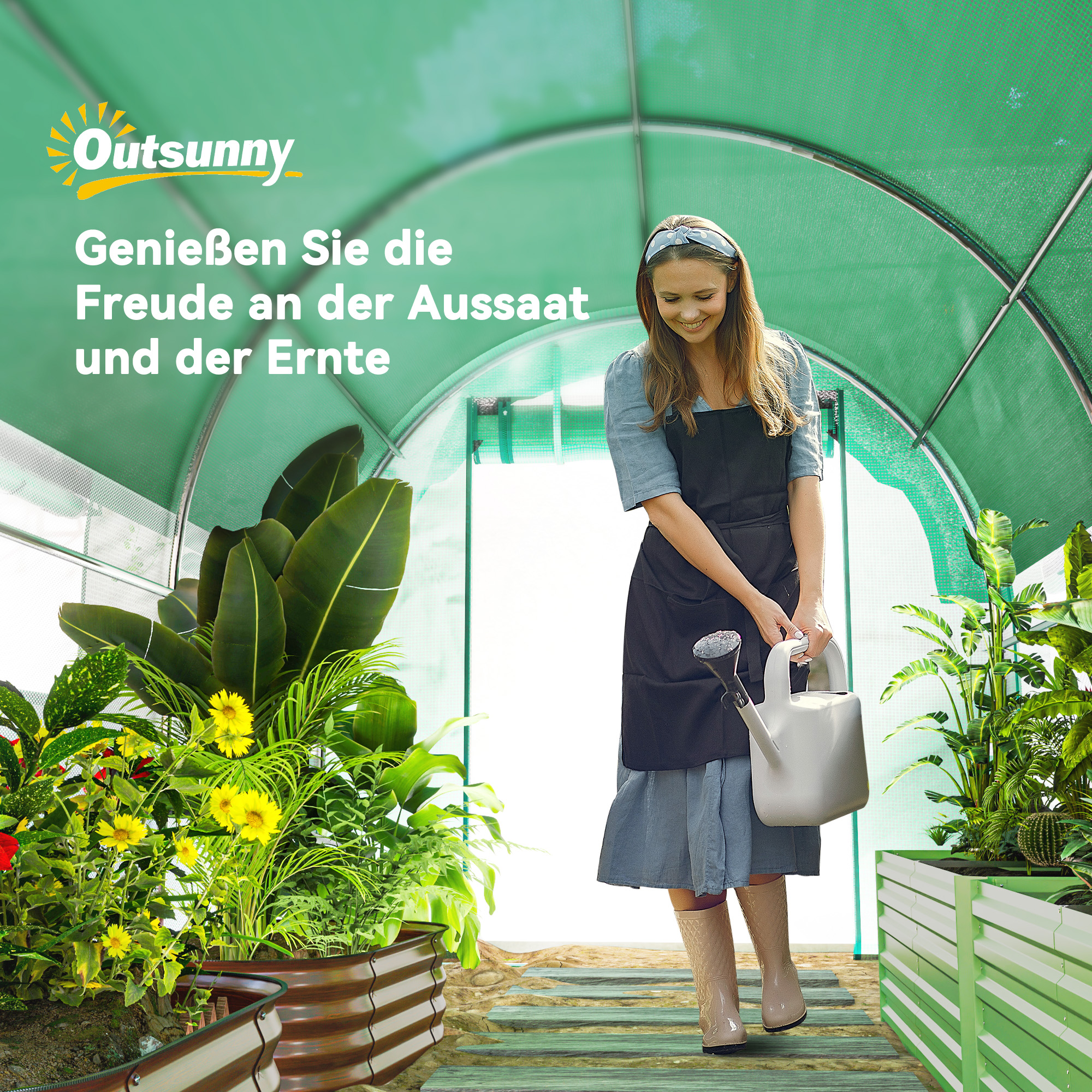 3 x 2 x 2 m Polytunnel-Gewächshaus mit Sonnenschutznetz, rollbaren Seitenwänden, Kunststoff-Abdeckung, Stahlrahmen, Grün