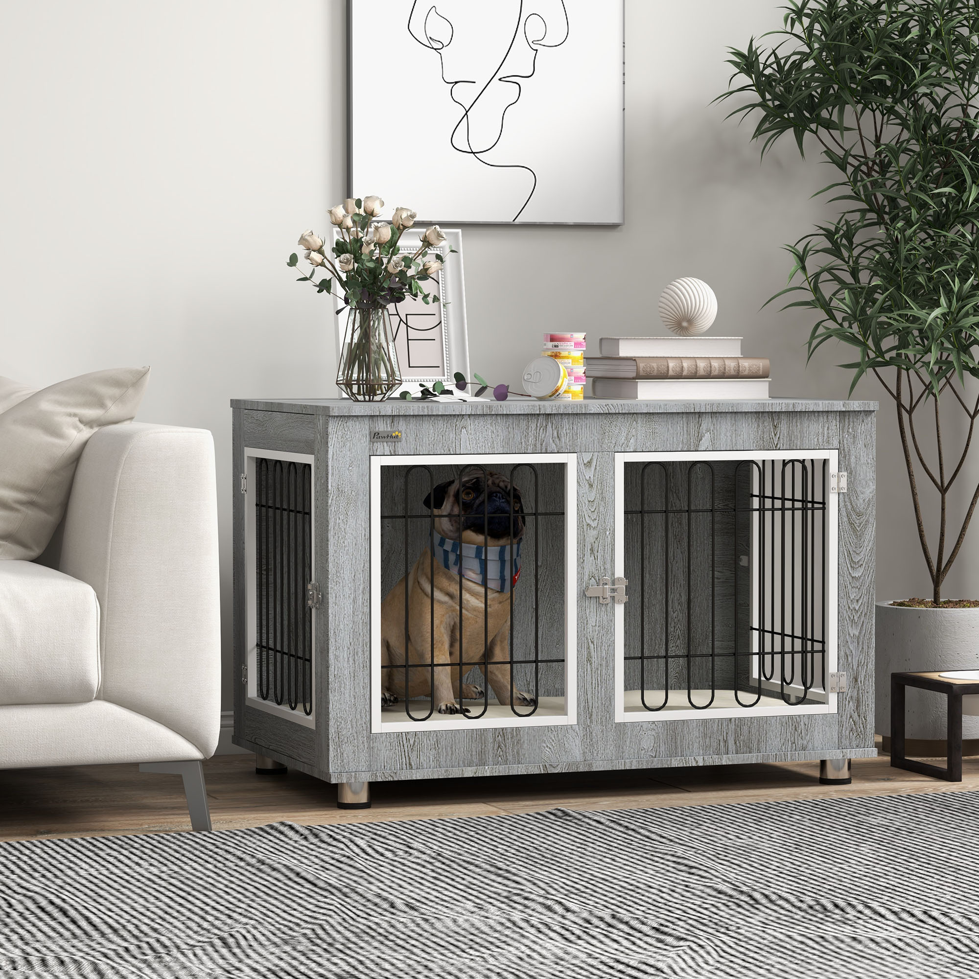 Hundekäfig Hundebox waschbares Polster, 2 Verriegelungen, 90 cm x 58 cm x 65 cm, Grau