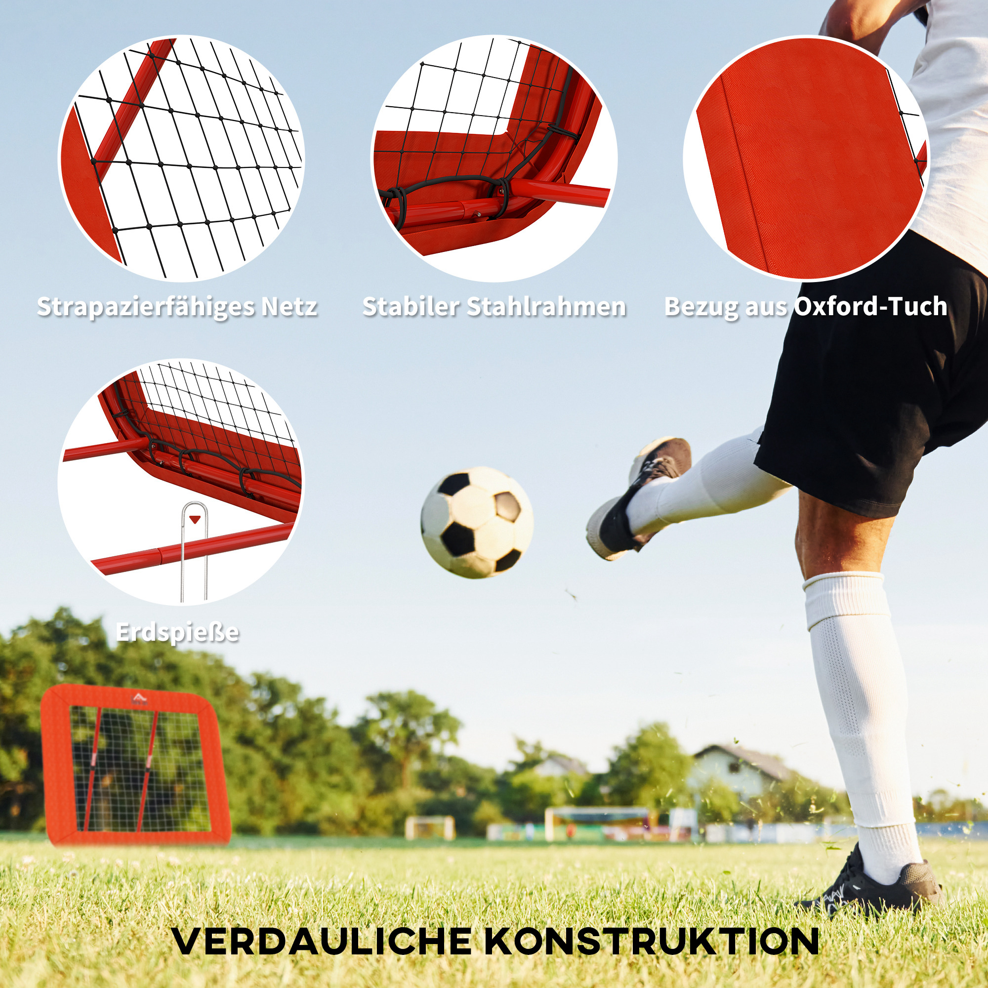 Fußball-Rückprallnetz, verstellbar, faltbar, Metallrahmen, Allwetter-PE-Netz, inkl, Heringe, Rot