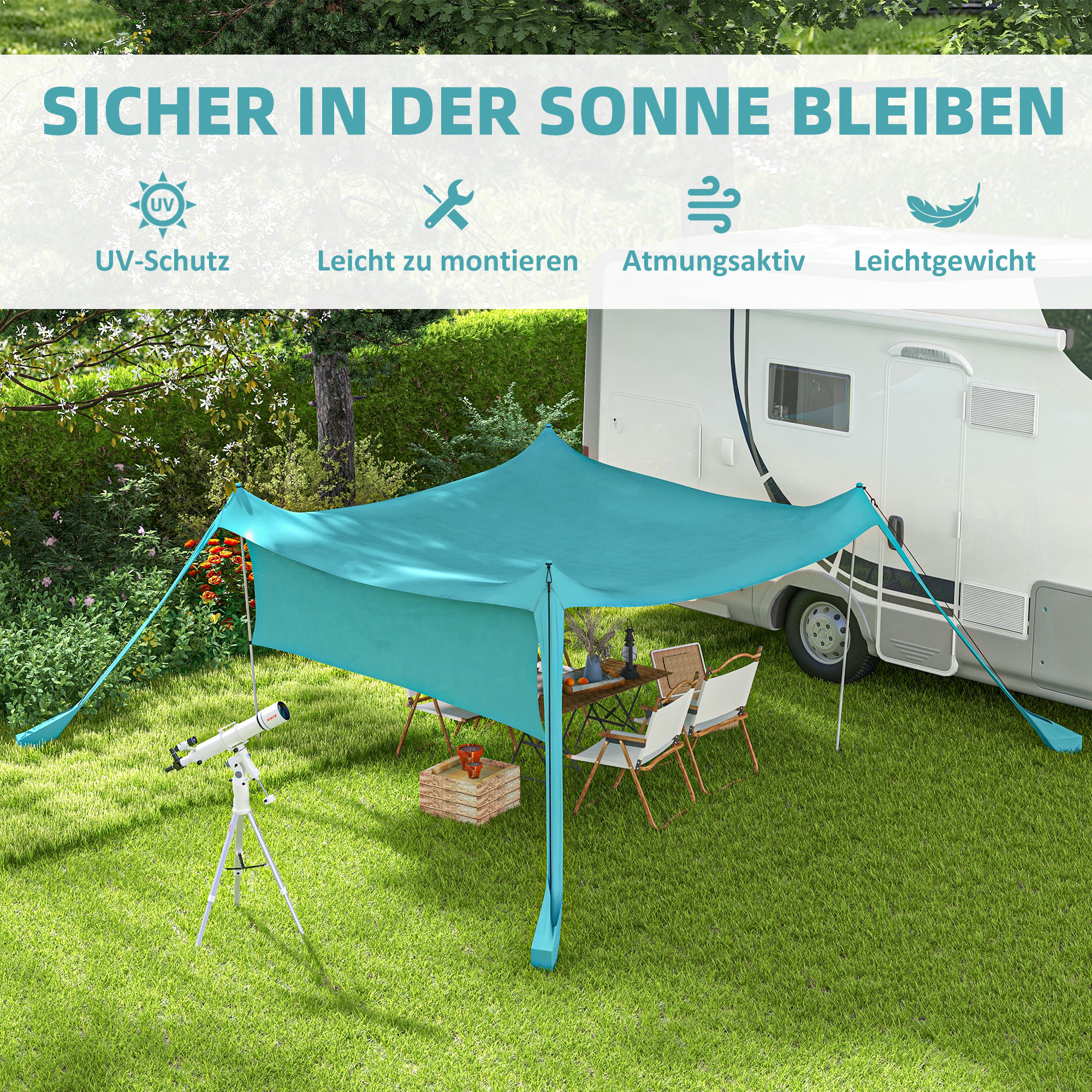 Sonnensegel, wasserdicht, anpassbar, leicht, faltbar, Stahlstützen, 3x3x2m, Himmelblau