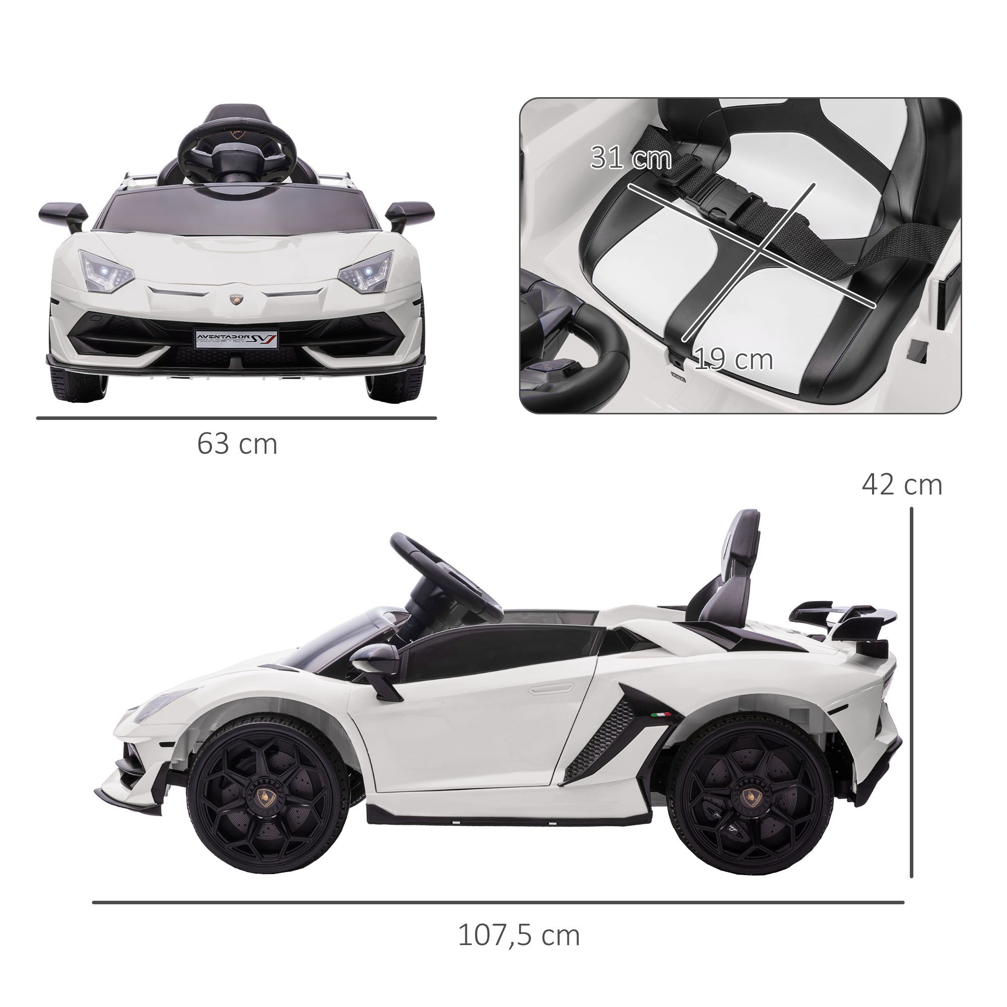 Elektro-Kinderauto, lizenzierter Lamborghini Aventador, Flügeltüren, Musik, Hupe, für 3-5 Jahre, Weiß