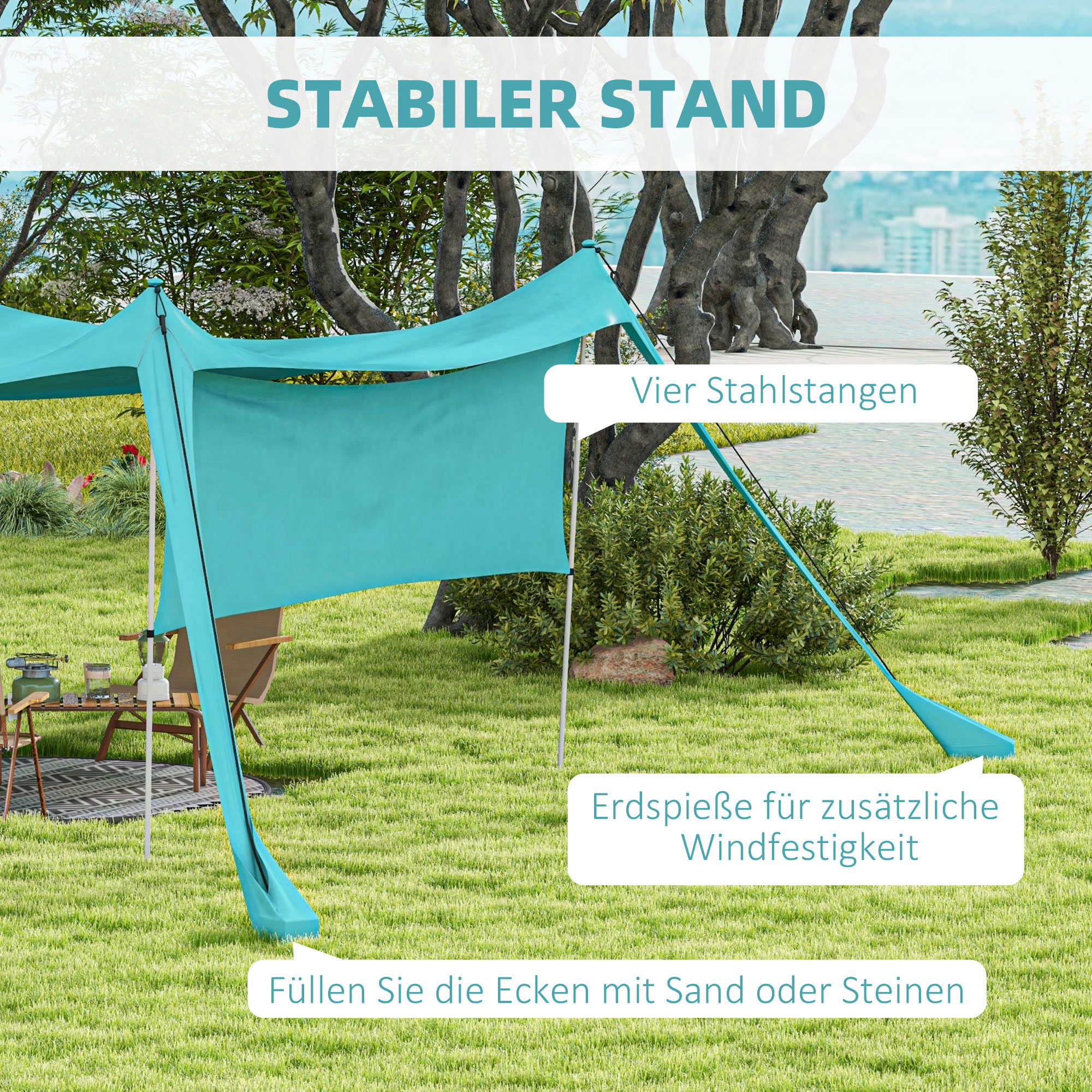 Sonnensegel, wasserdicht, anpassbar, leicht, faltbar, Stahlstützen, 3x3x2m, Himmelblau