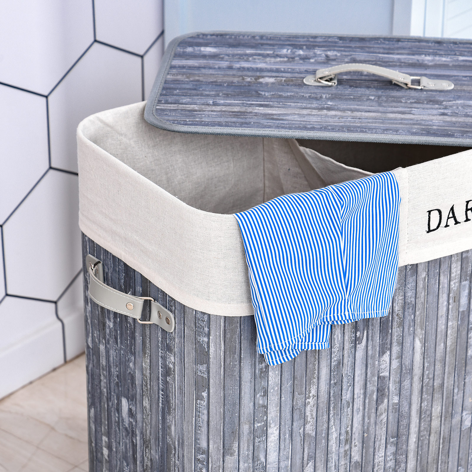 Bambus Wäschekorb mit Deckel 100 L Wäschesammler mit PU-Griffen, Wäschesack aus Segeltuch, Laundry Baskets Wäschesortierer für Waschküche Schlafzimmer Badezimmer Grau