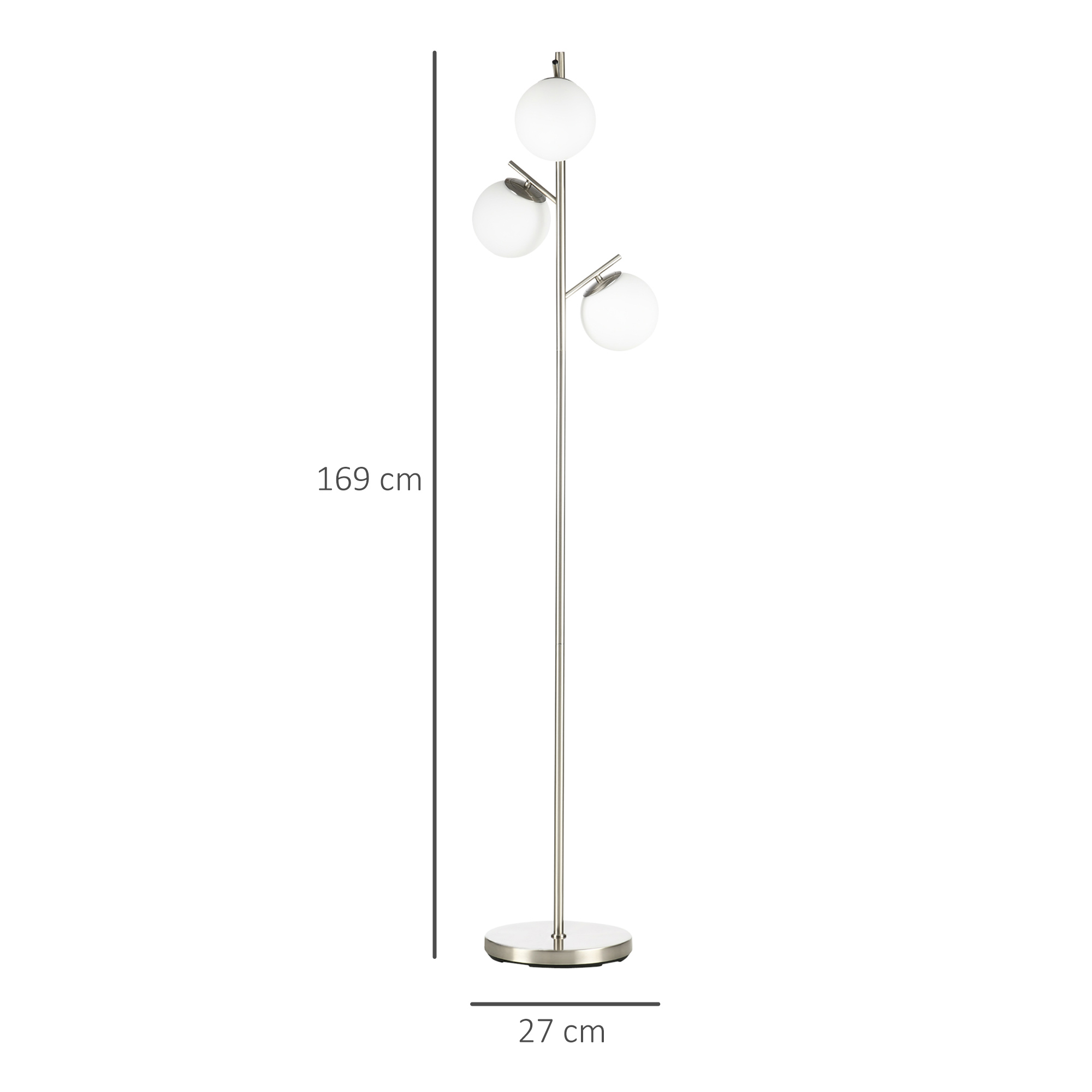 Stehlampe mit 3 Lampenschirmen aus Glas, E 27, Fußschalter, Silber + Weiß