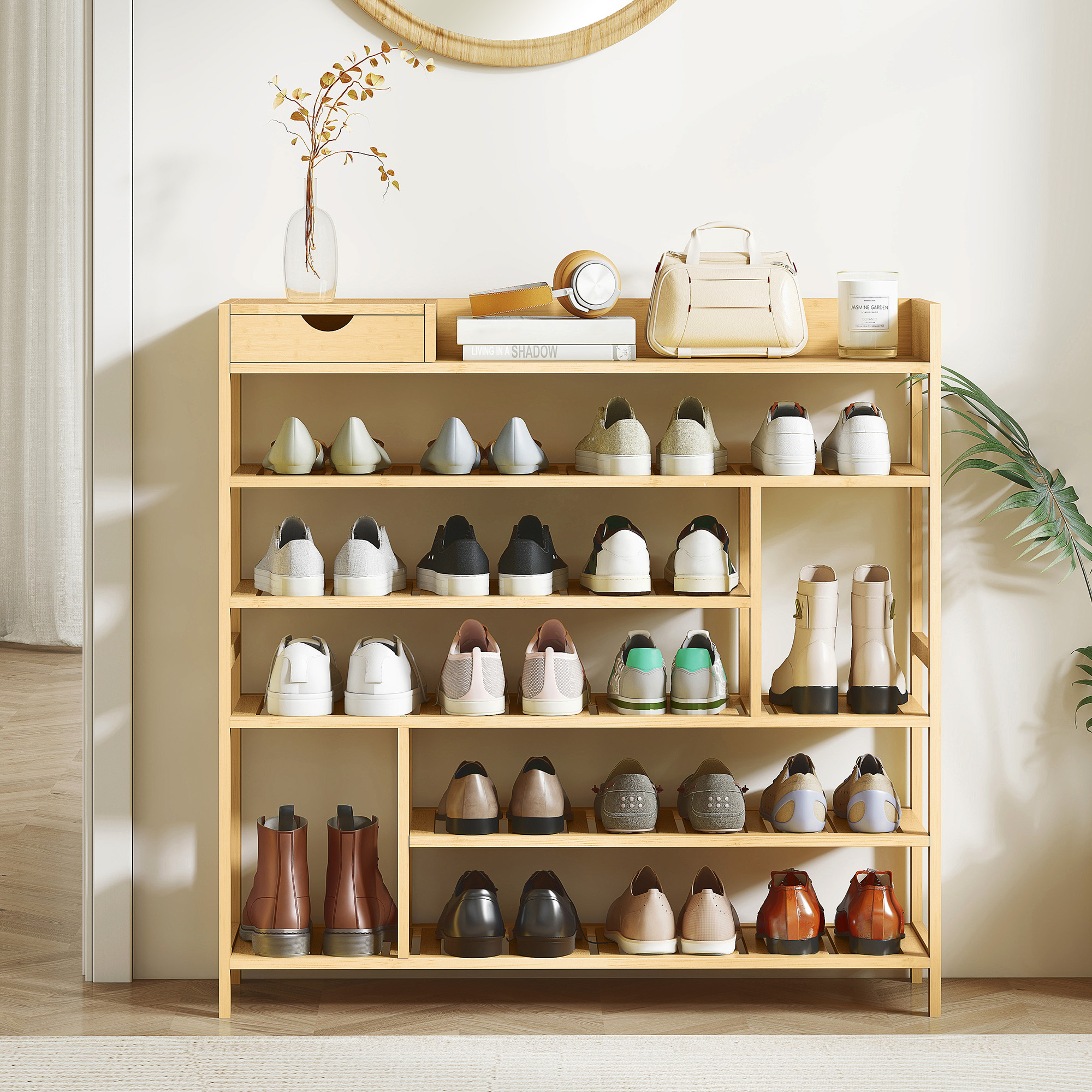Schuhregal, Schuhständer mit 6 Ebenen, Schublade aus Bambus, für max, 18 Paar Schuhe, Schuhablage für Eingang, Schlafzimmer, 101 x 30 x 100 cm, Natur